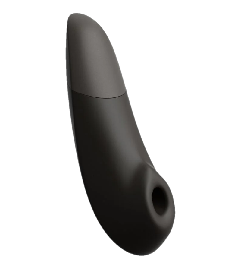 Giocattolo sessuale nero con un design curvo. La parte superiore è di un colore diverso e un foro è visibile.