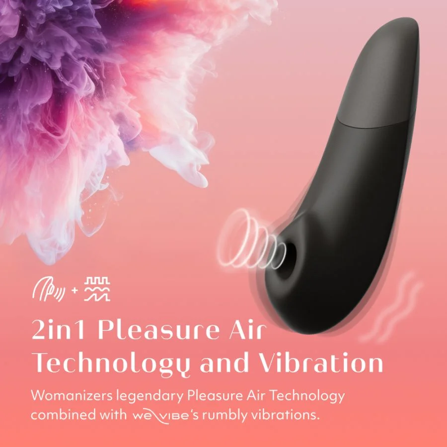 Un sex toy nero con un design bianco ondulato su sfondo rosa.