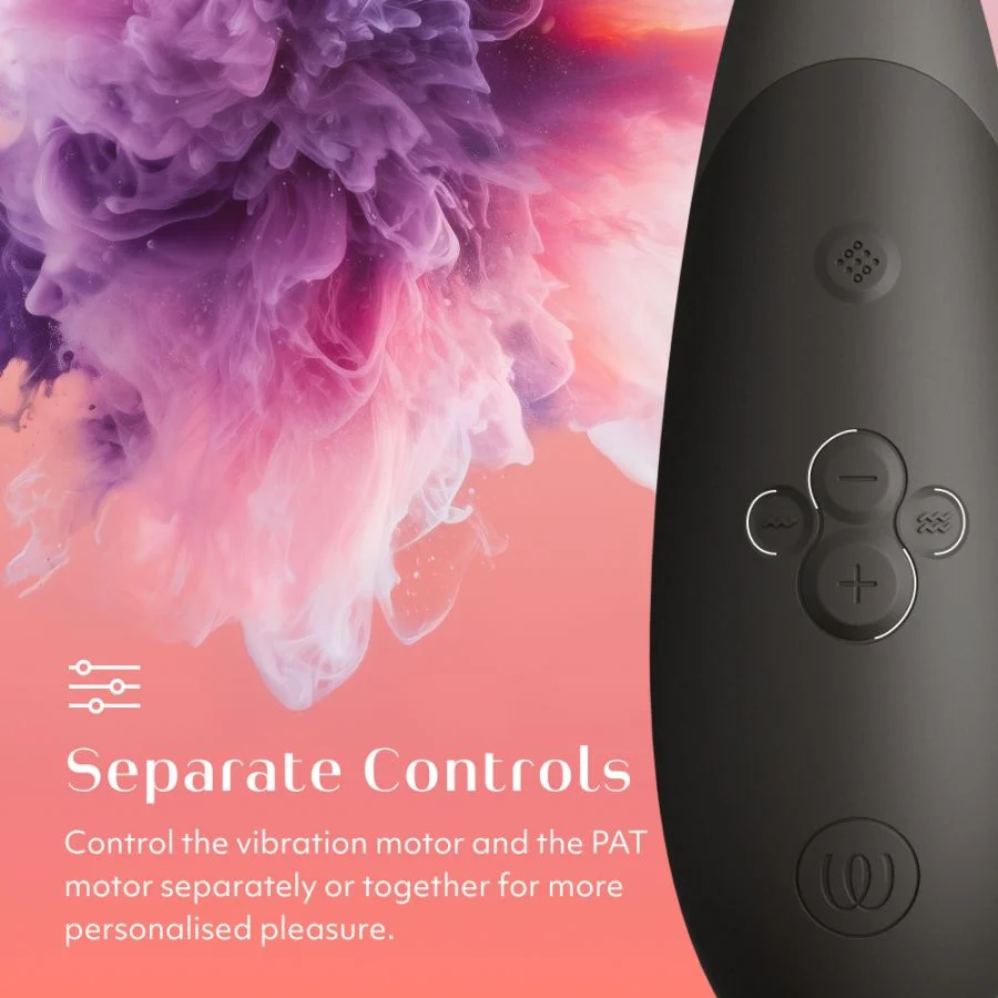Primo piano di un sex toy nero con pulsanti di controllo. Il testo dice Controlli separati.