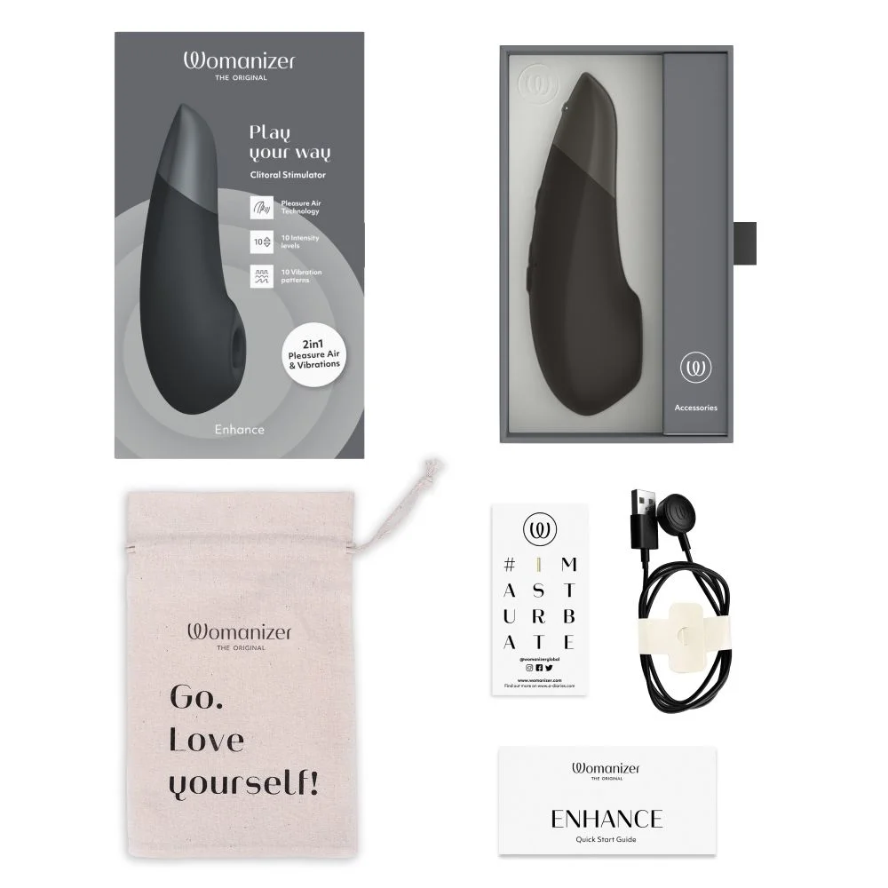 Confezione e accessori dello stimolatore clitorideo Womanizer; bianco e nero.