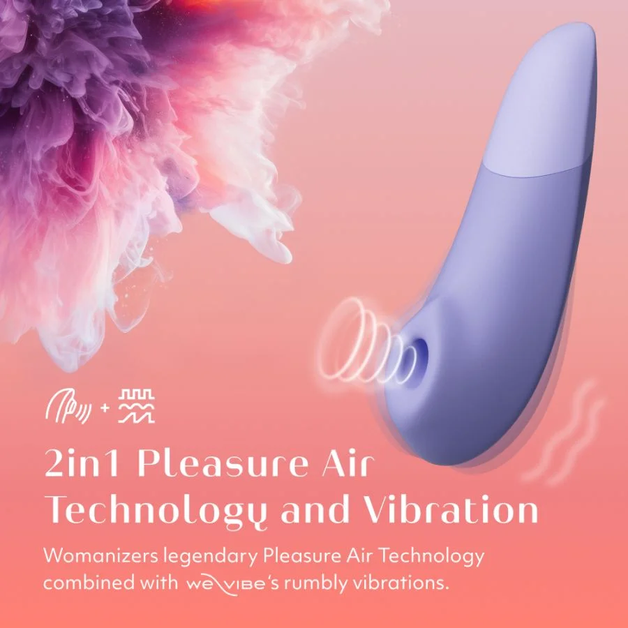 Ein lila Vibrator mit rundem Kopf und gebogenem Körper, mit Text und visuellen Elementen.
