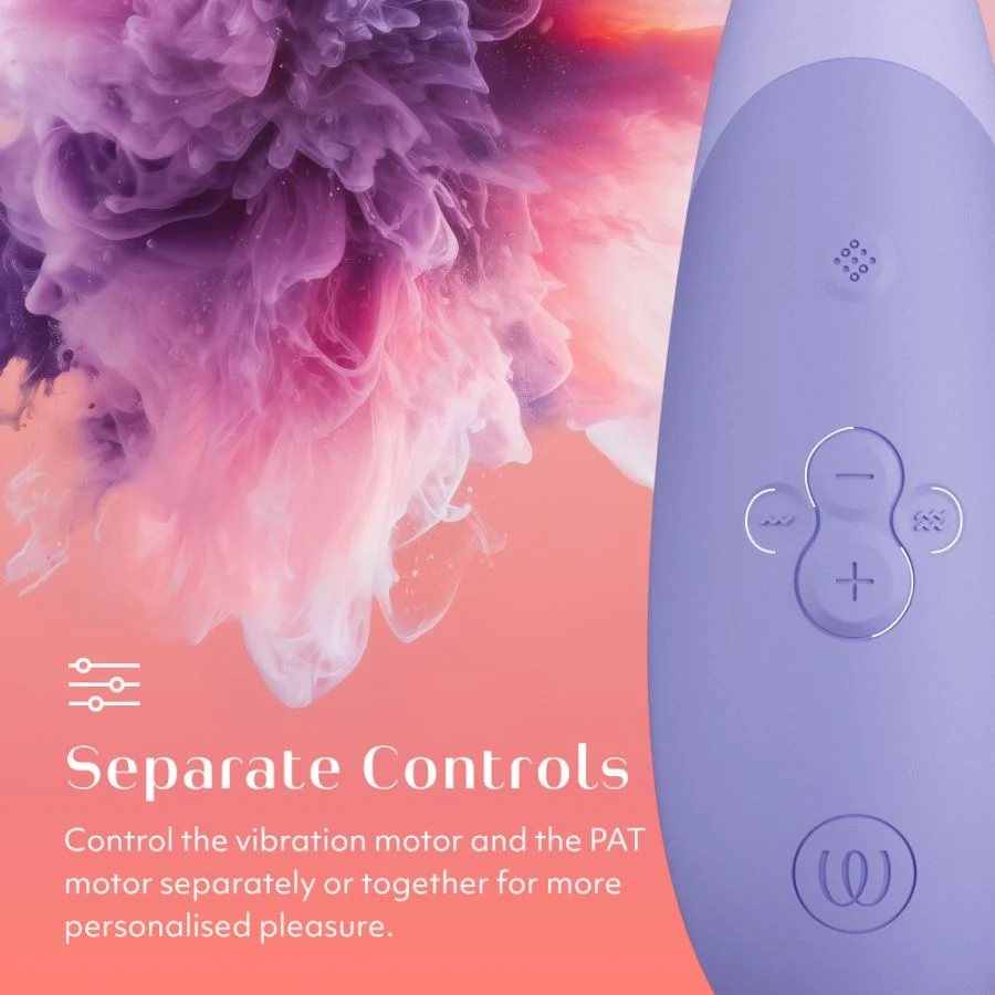 Lila Vibrator mit Knöpfen und rosa-lila Hintergrund mit Text über Bedienelemente.