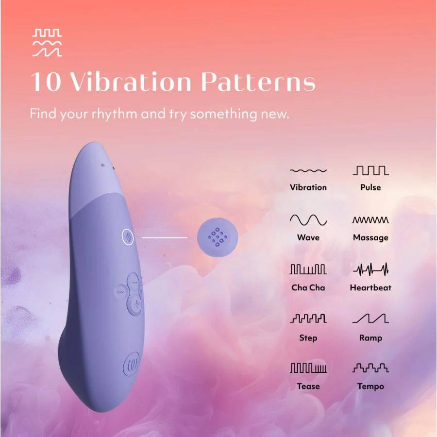 Ein lila-weißes Sexspielzeug mit Knöpfen. Text sagt 10 Vibrationsmuster.