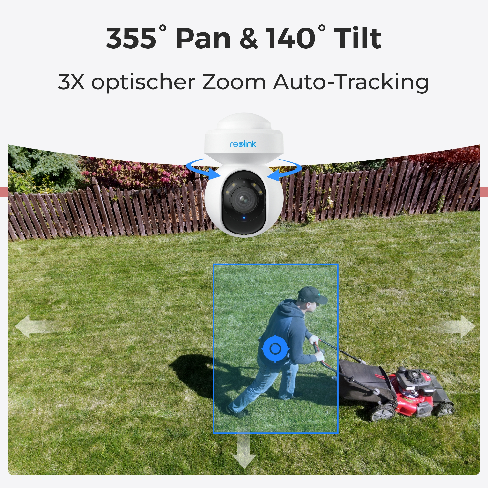 Weiße Kamera beobachtet Mann beim Rasenmähen. Text: 355° Schwenk & 140° Neigung, 3X Zoom Auto-Tracking.