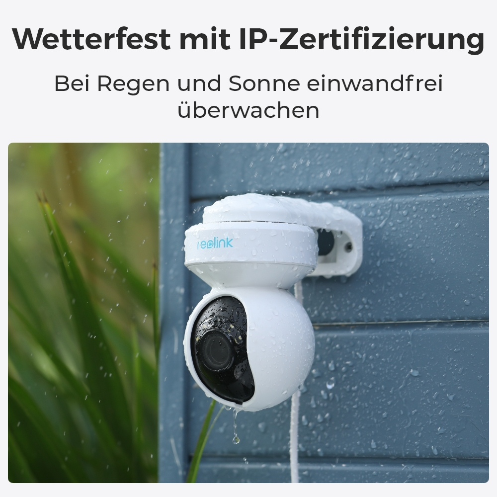 Eine weiße Überwachungskamera im Regen. Text sagt Wetterfest mit IP-Zertifizierung.