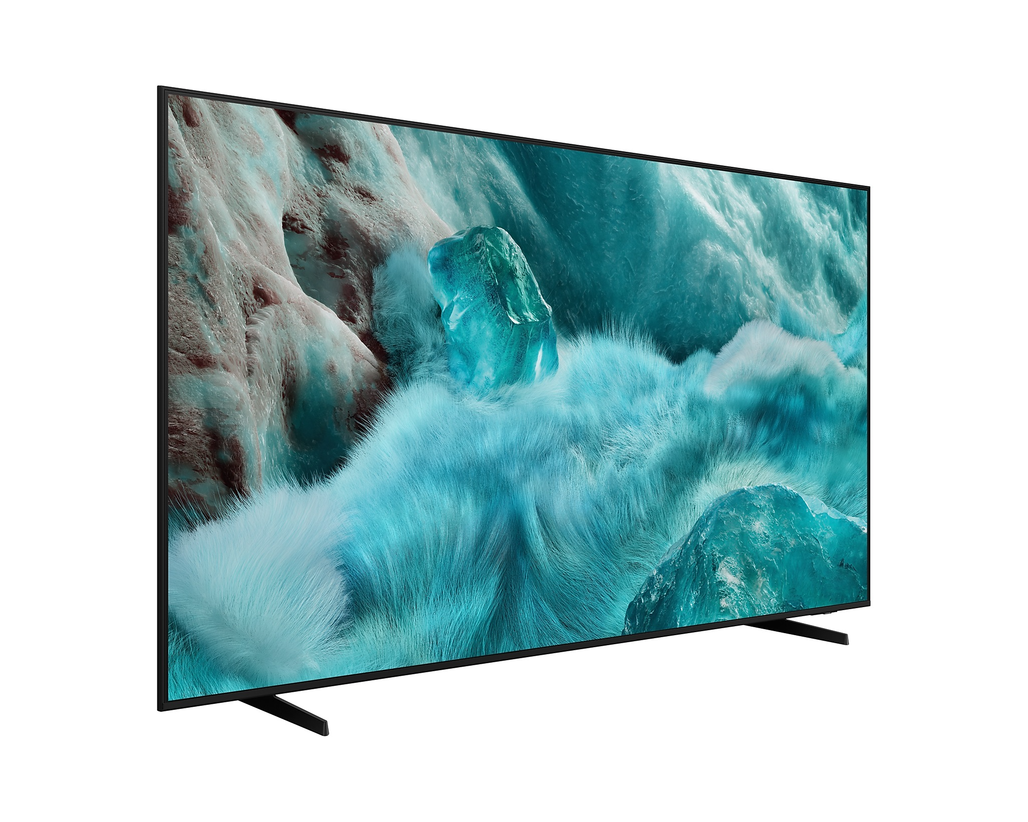 TV képernyő absztrakt kék és türkiz képpel, fekete kerettel és állvánnyal.