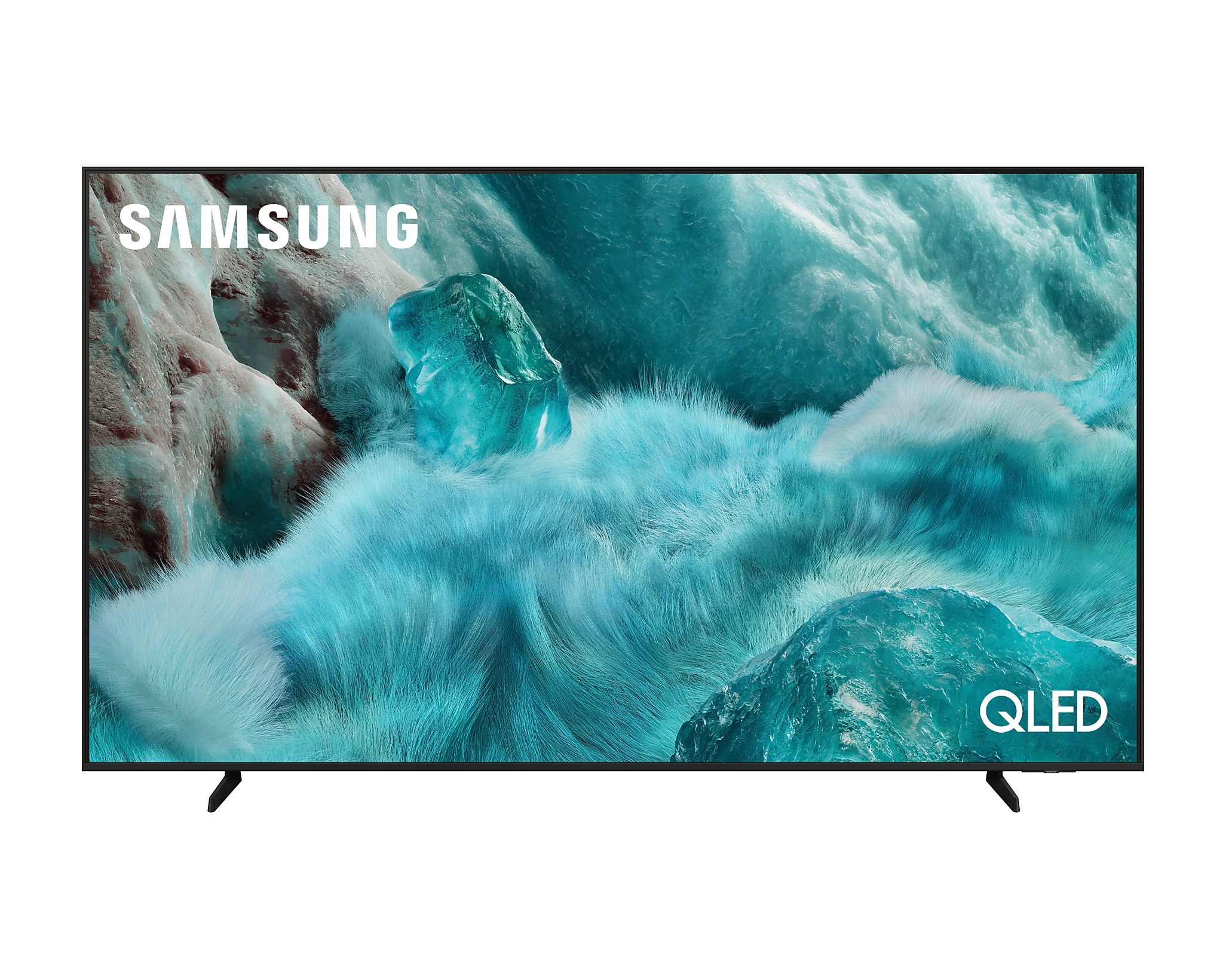 Samsung QLED TV, fekete keret, absztrakt kék és fehér háttér.