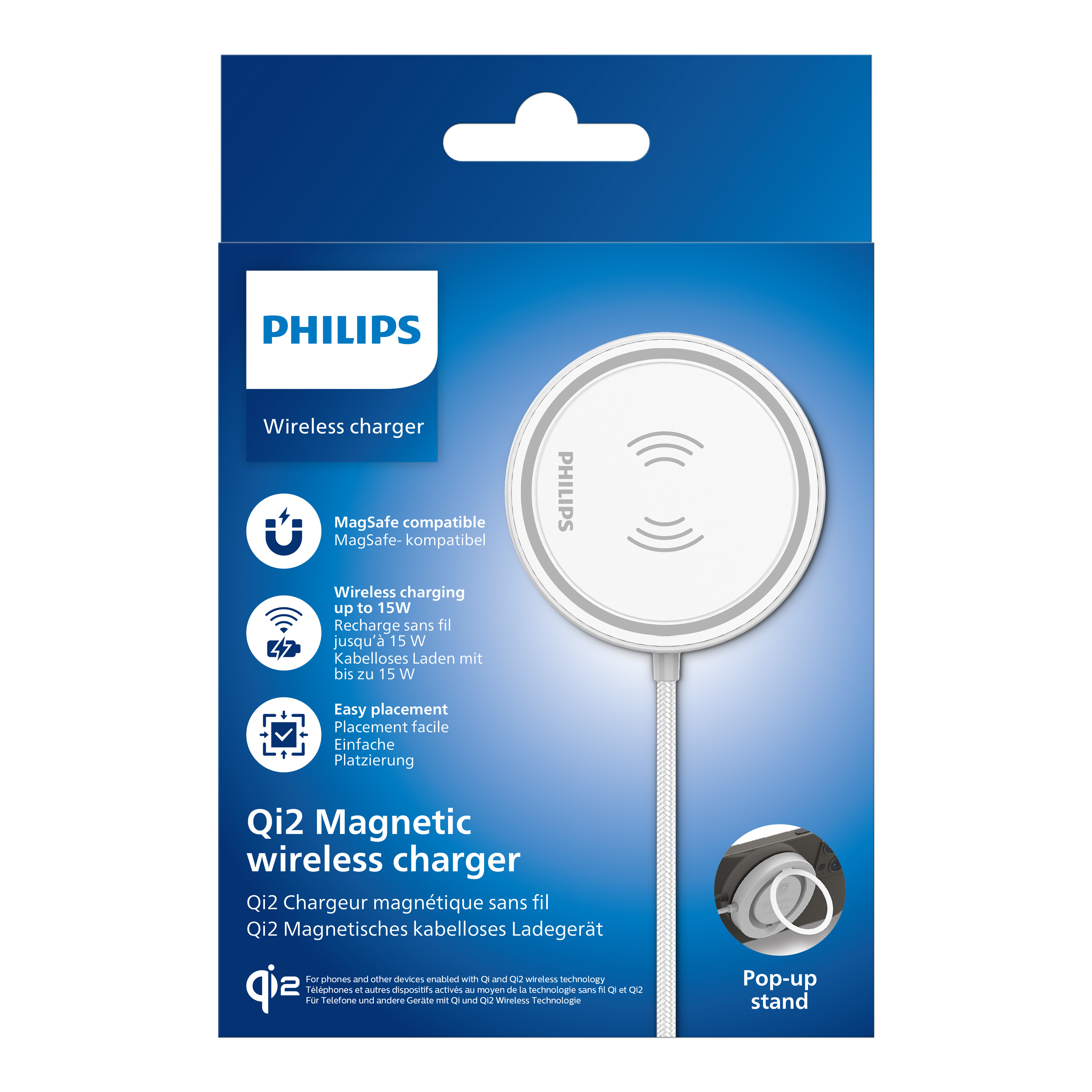Ambalajında beyaz Philips Qi2 kablosuz şarj cihazı, temel özellikler ve açılır stant ile.