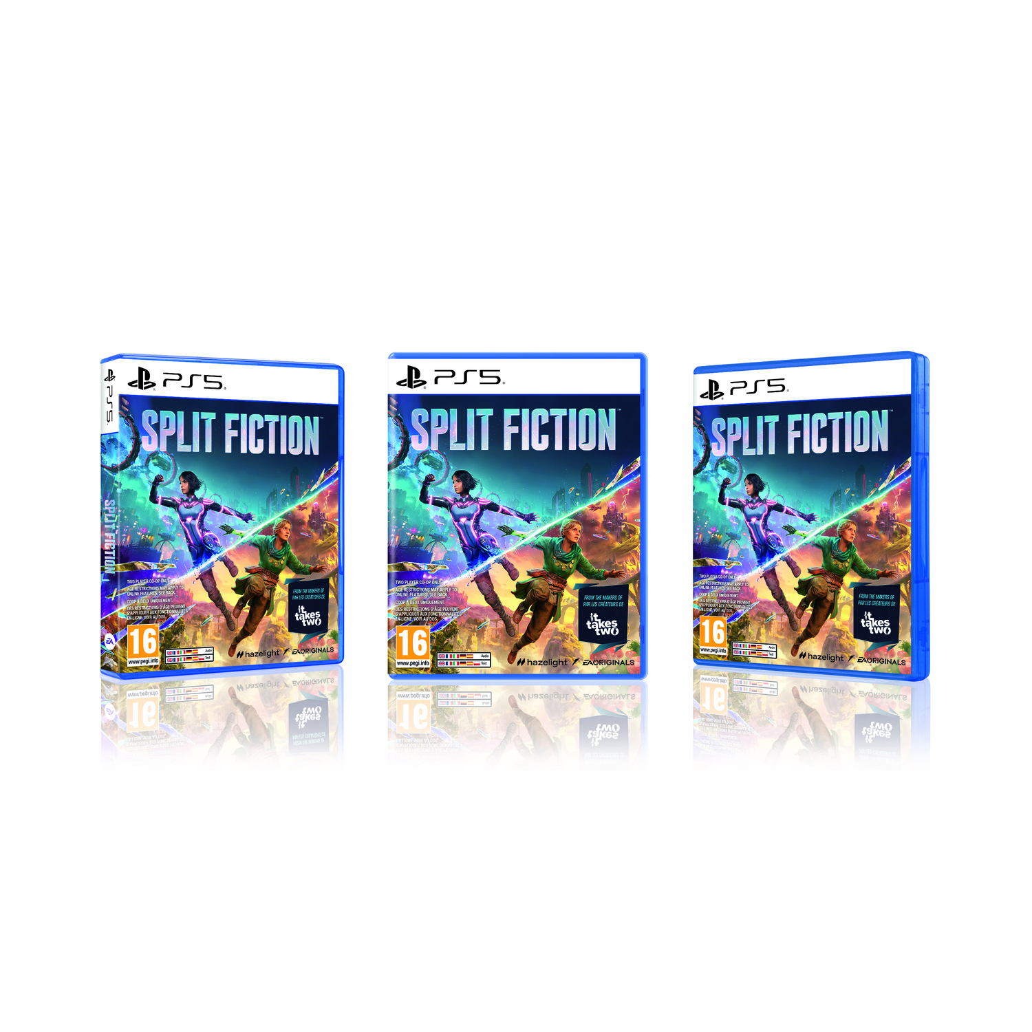 Trois boîtiers de jeu identiques de 'Split Fiction' pour PS5 sur surface blanche.