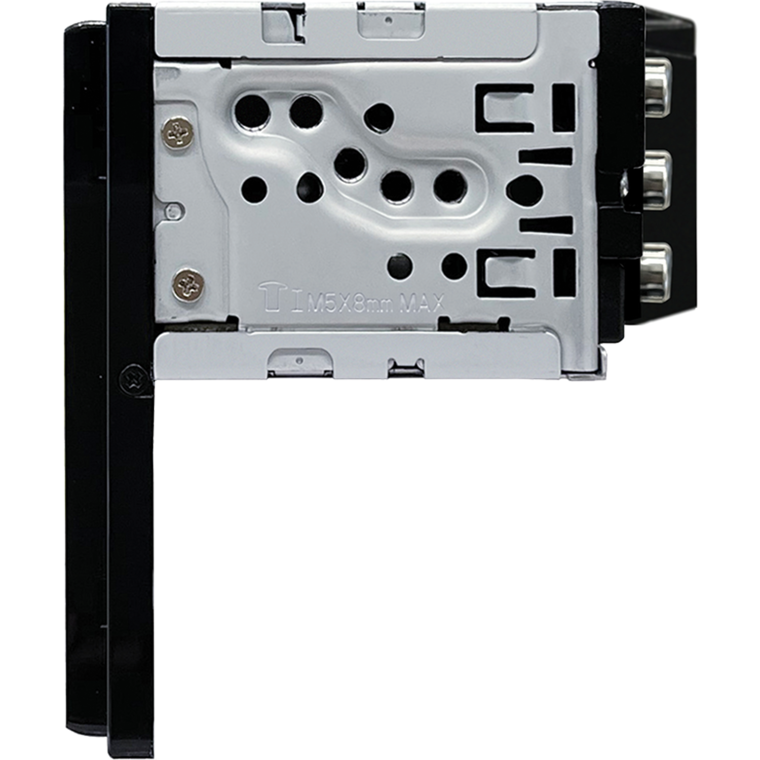 Close-up of a car stereo back. Metal frame with screws, holes, and connectors. Black plastic frame on the left.