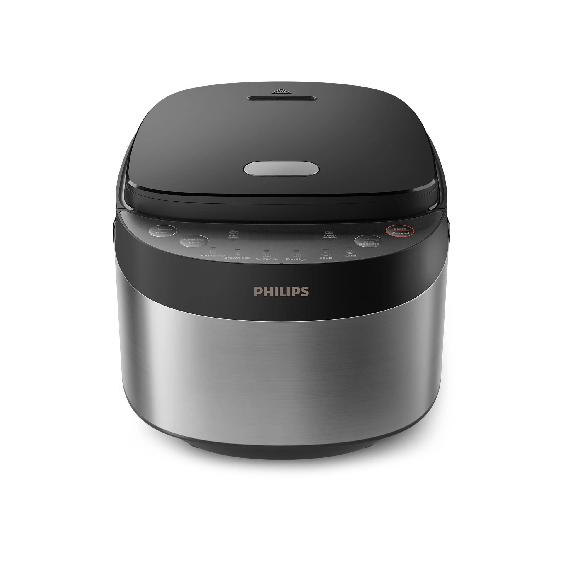 Egy fekete-ezüst Philips rizsfőző fekete felületen. A teteje zárva van.