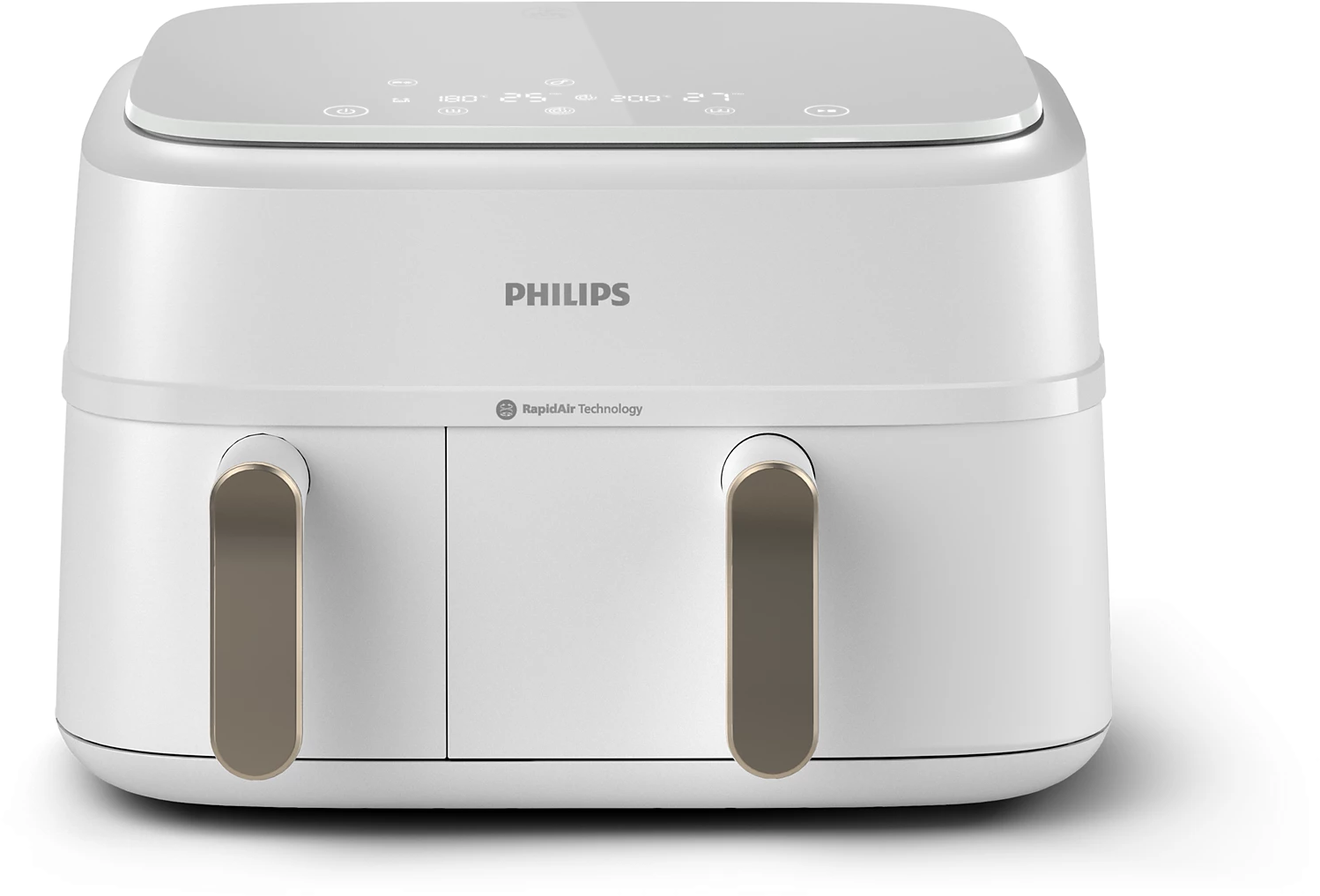 Fehér Philips légkeveréses fritőz két fogantyúval. A tetején egy digitális kijelző található.