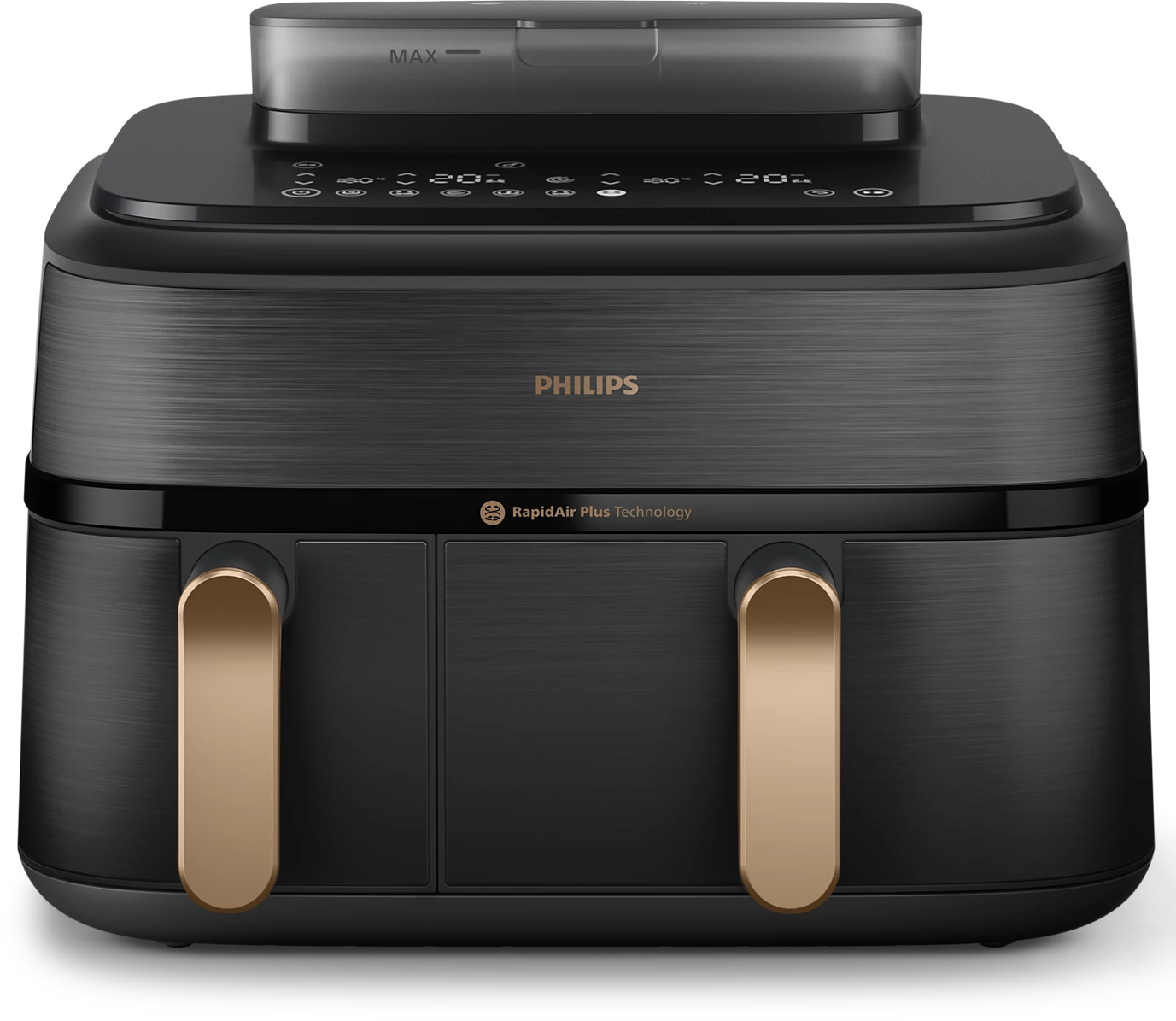 Fekete Philips légkeveréses sütő arany fogantyúkkal, felső vezérlőpanellel és Rapid Air Plus Technology felirattal.