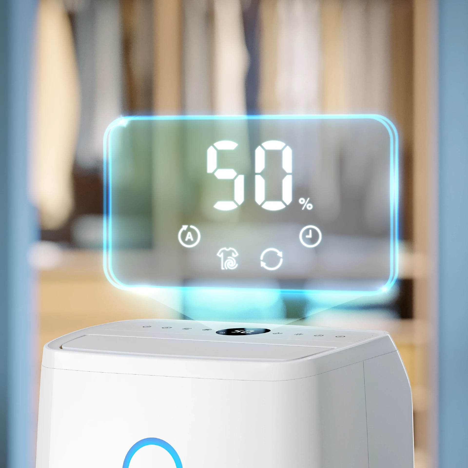 Egy fehér párátlanító, digitális kijelzővel, ami 50%-ot mutat.