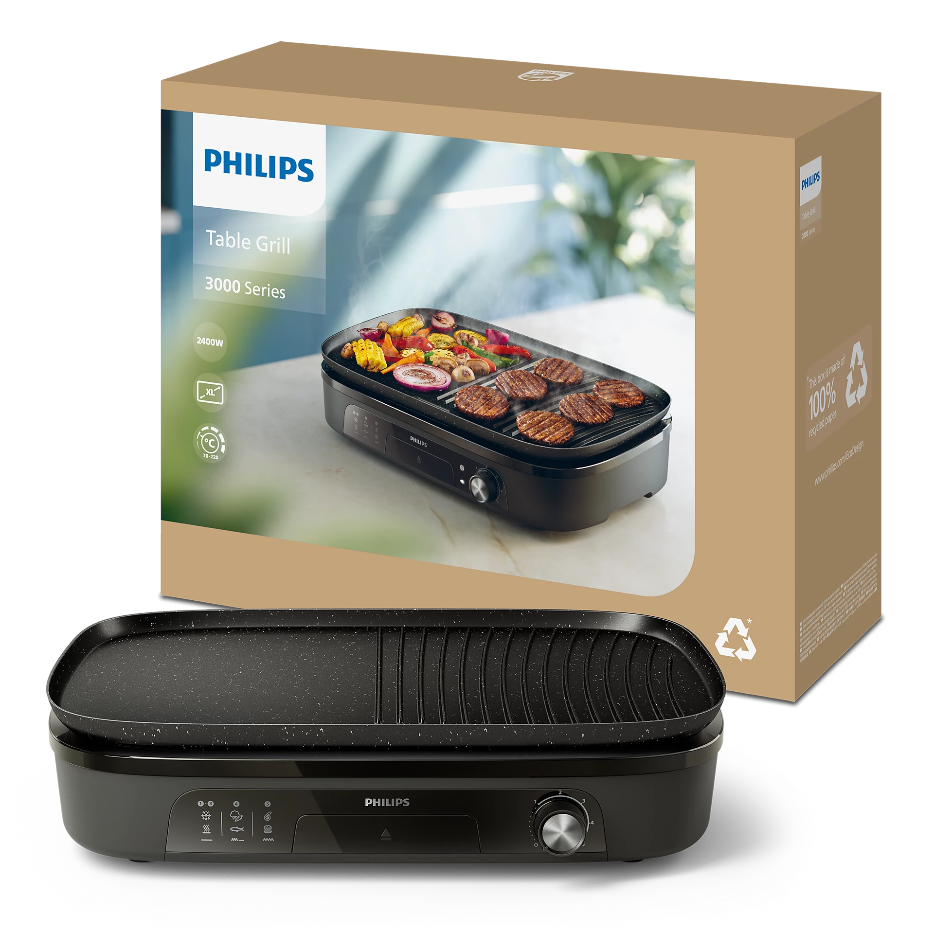 Philips asztali grill étellel és dobozzal.