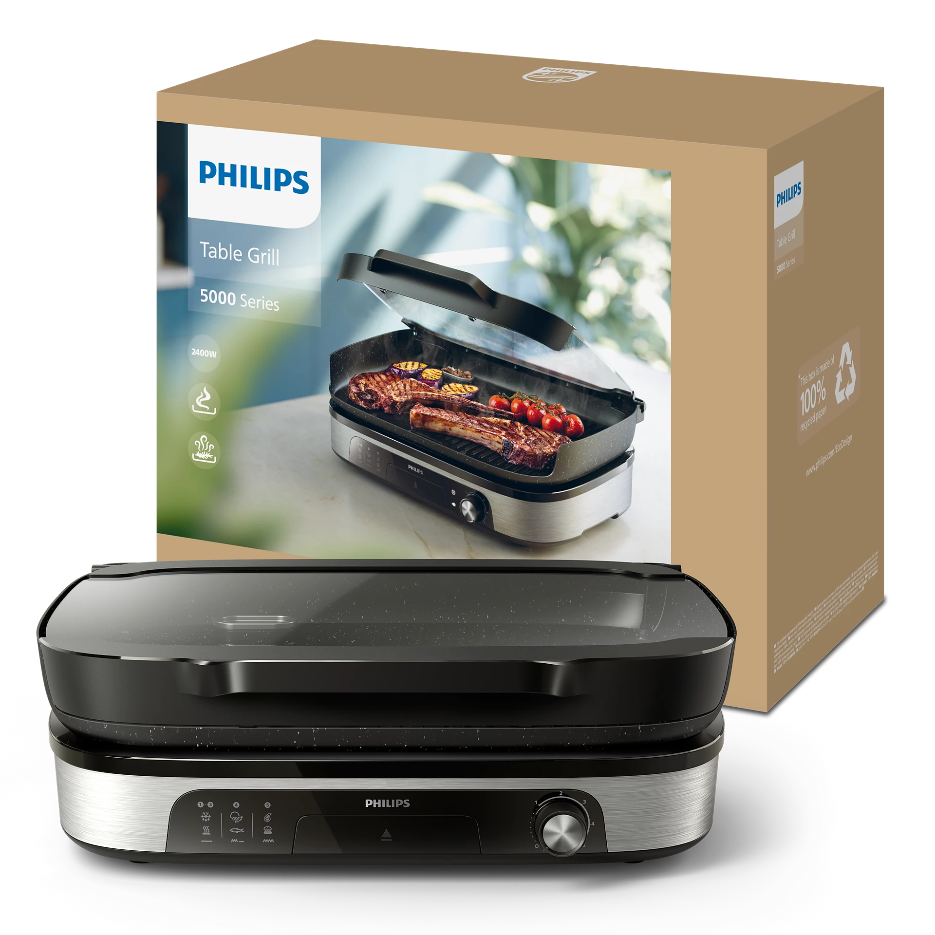 Philips asztali grill ételekkel és csomagolásával. Fekete és ezüst.