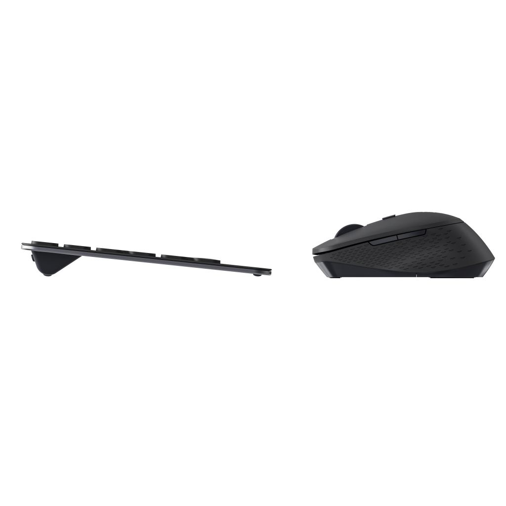 Schwarzes Tastatur- und Maus-Set. Tastatur ist dünn, Maus abgerundet, beides auf Schwarz.