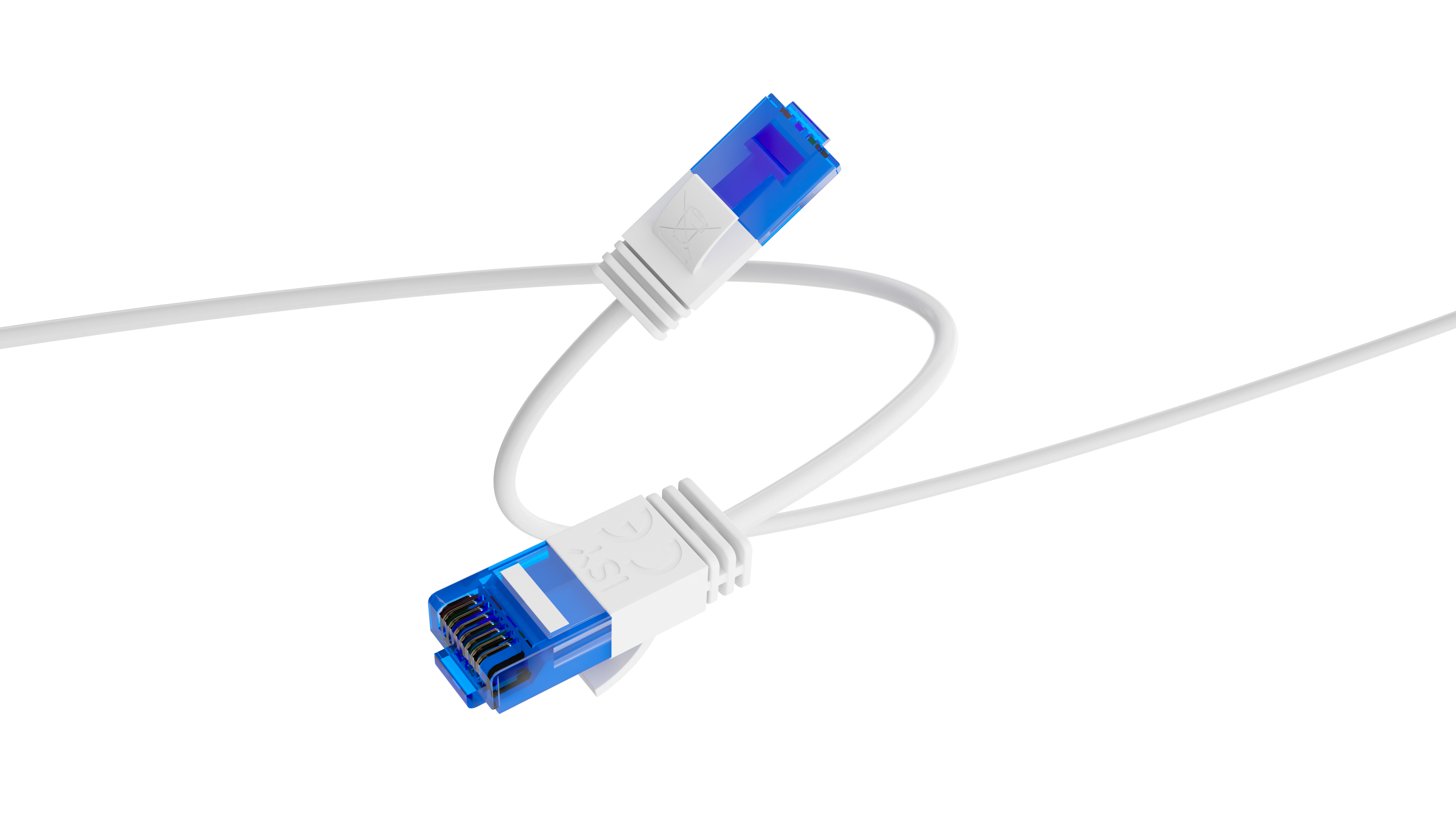 Zwei weiße Netzwerkkabel mit blauen Steckern auf schwarzem Hintergrund.
