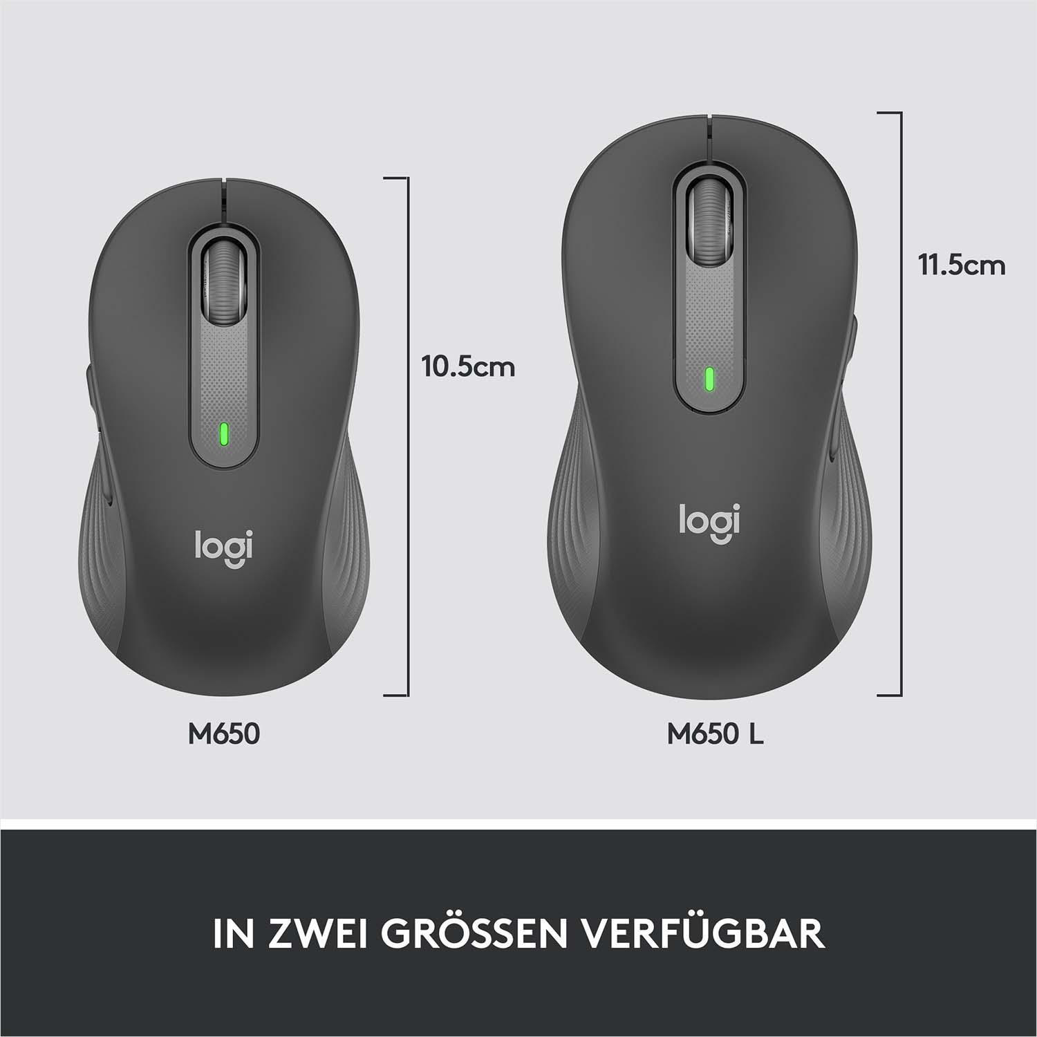 Zwei Logitech M650-Mäuse, unterschiedliche Größen, mit Abmessungen und Logo.