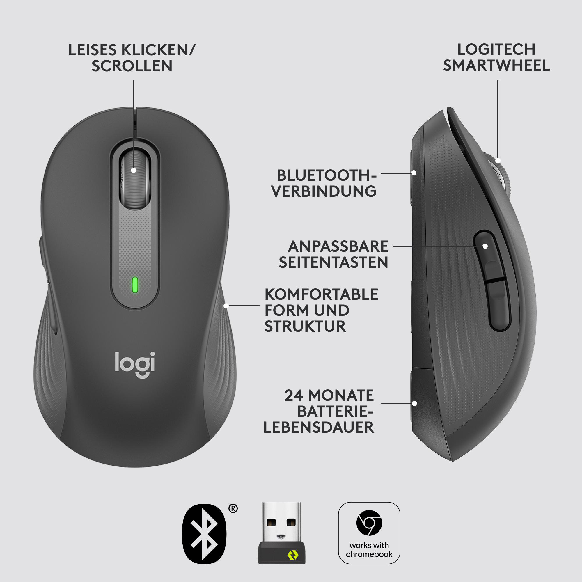 Schwarze ergonomische Maus mit Beschriftungen. Zeigt Bluetooth, Seitentasten, komfortable Form und Akkulaufzeit.