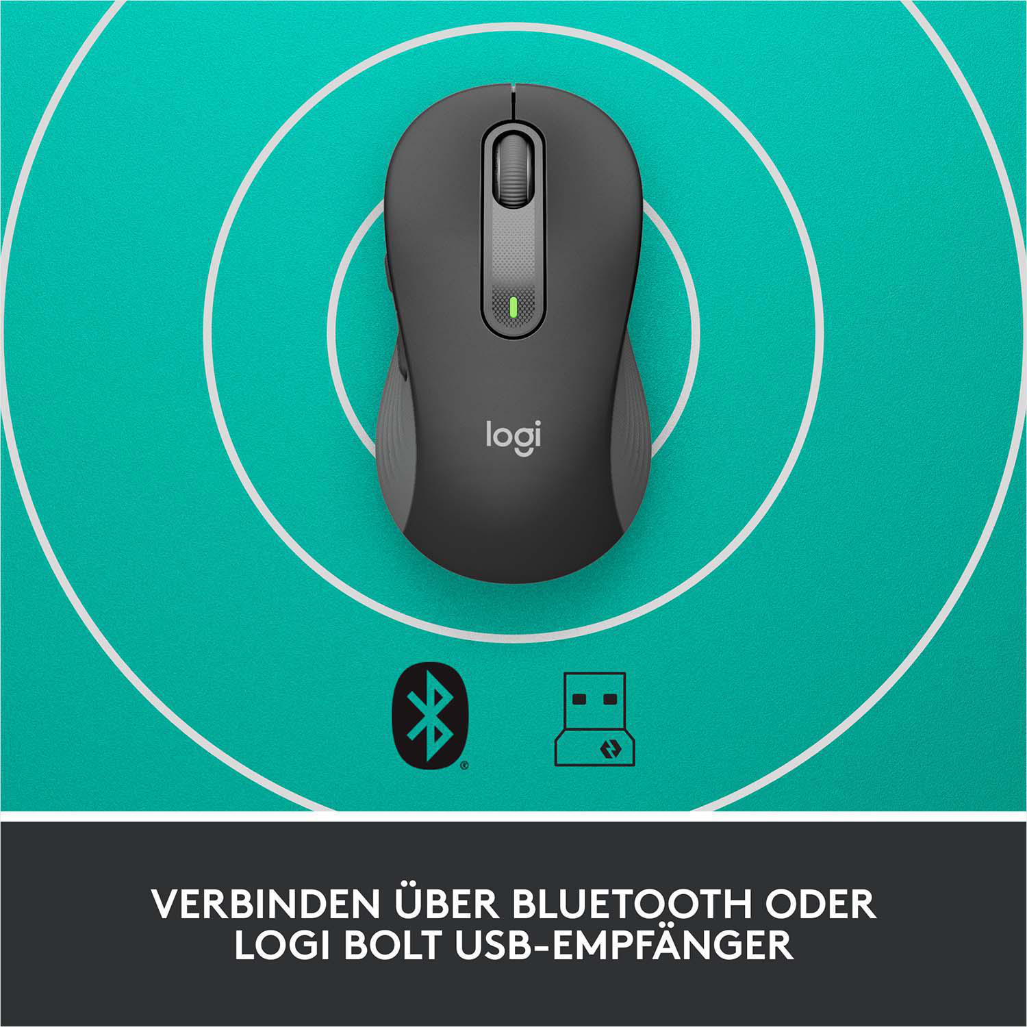 Schwarze kabellose Maus auf einem türkisfarbenen Mauspad, mit Bluetooth- und USB-Symbolen.