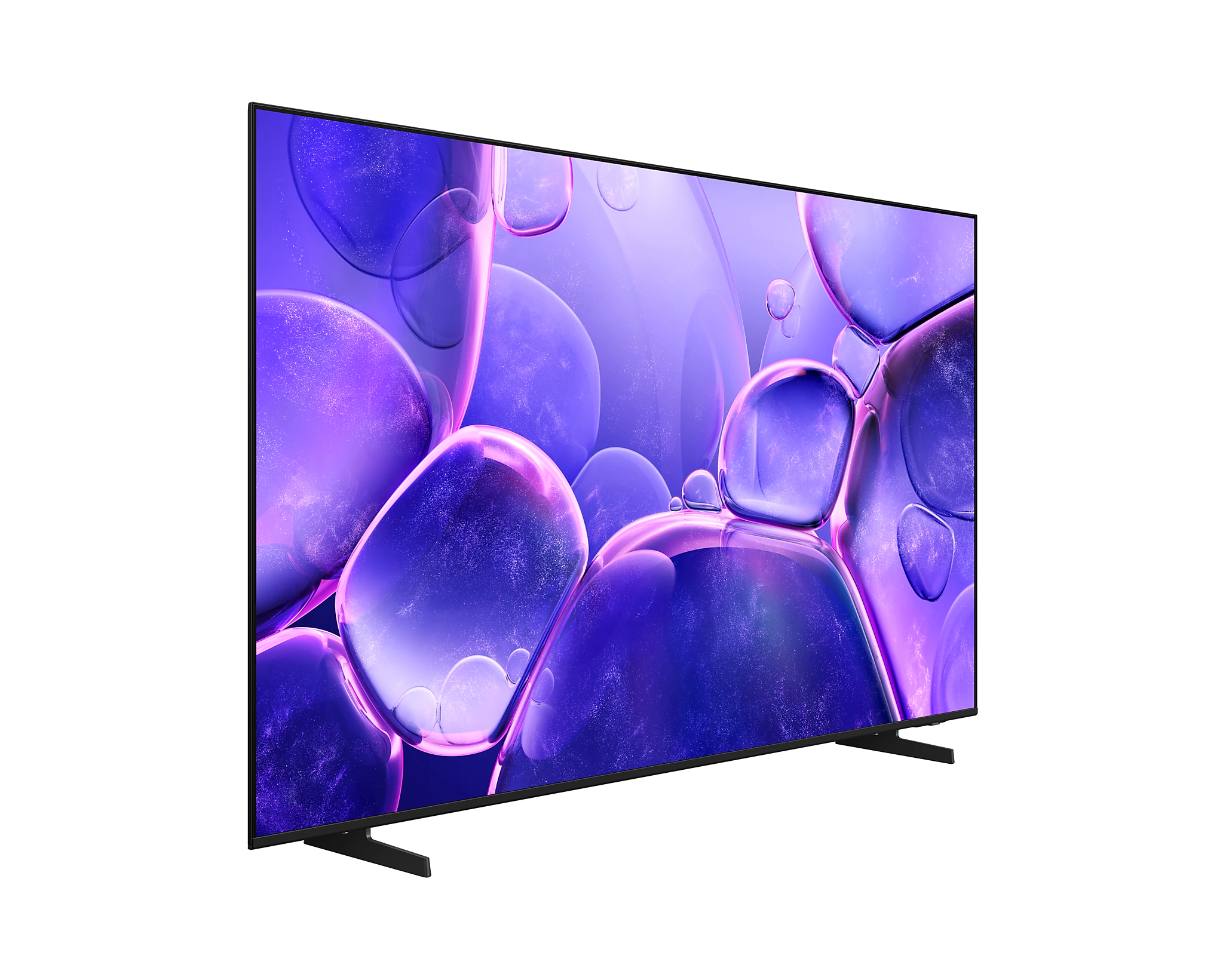 TV állványon lila és kék buborékszerű háttérrel.