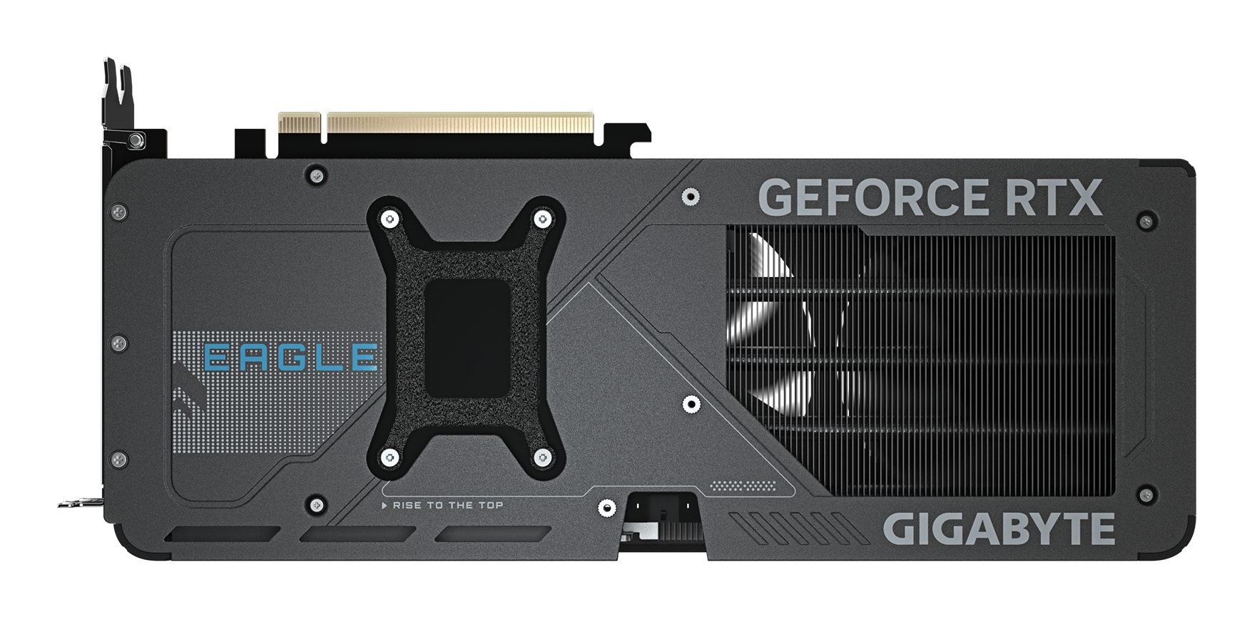 Schwarze und graue Grafikkarte mit Lüfter, 'GEFORCE RTX' und 'GIGABYTE'.