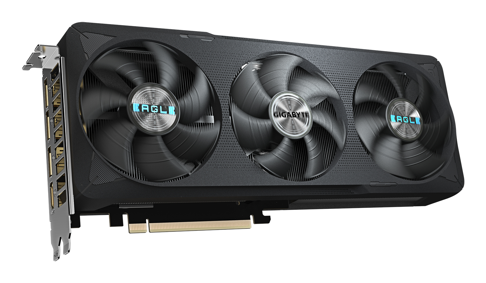 Schwarze Grafikkarte mit drei Lüftern. Das Wort AORUS steht auf den Lüftern.