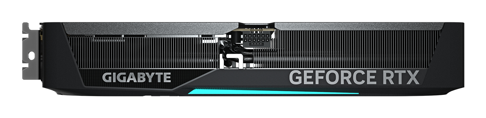 Schwarze und graue Grafikkarte mit GIGABYTE- und GeForce RTX-Logos und Kühlrippen.