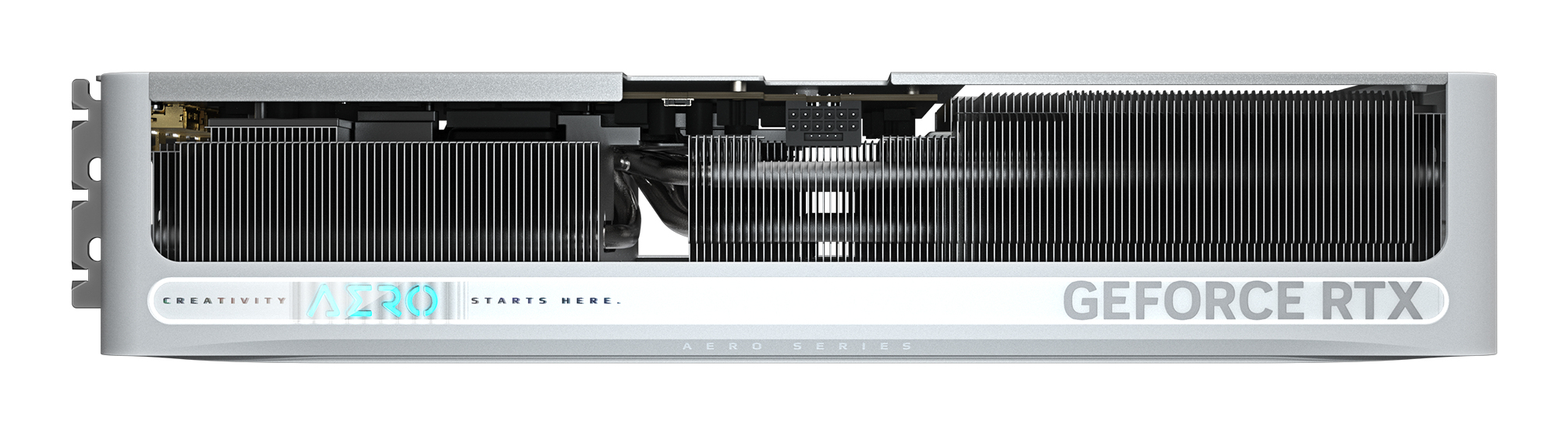 Eine silberne und weiße Grafikkarte mit den Wörtern "CREATIVITY AIRO" und "GEFORCE RTX".