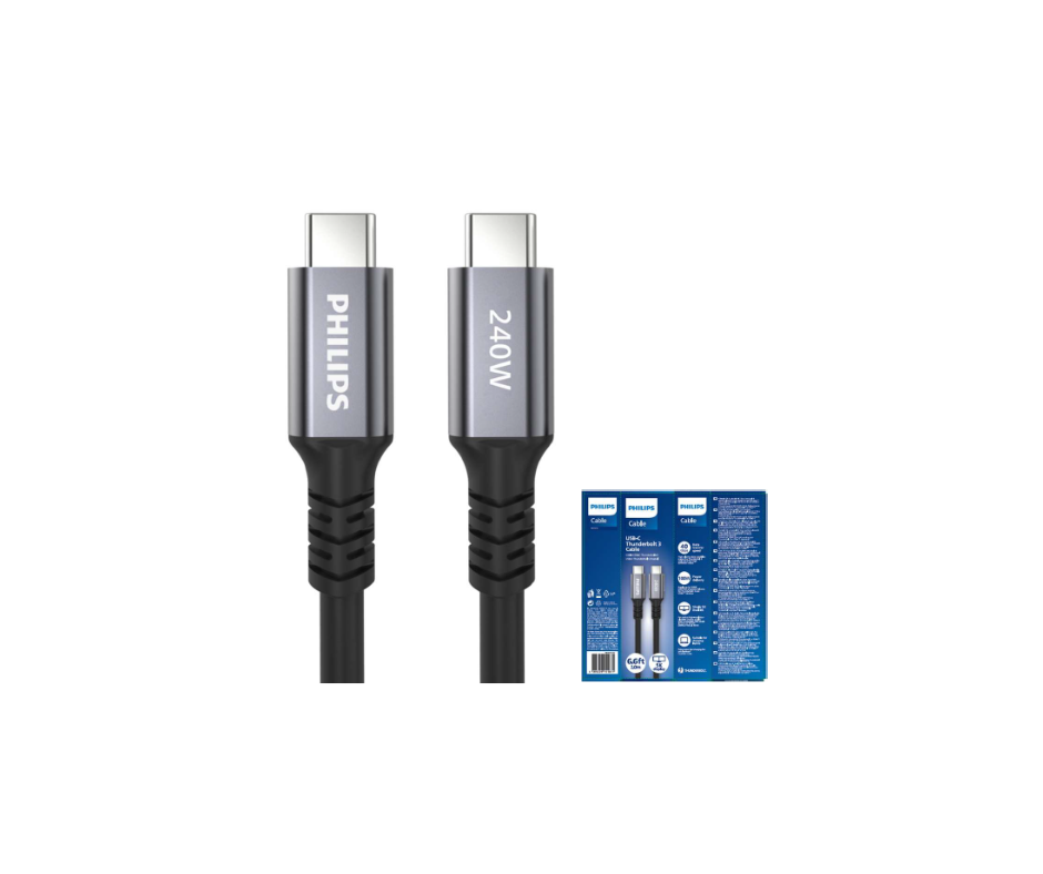 Üzerinde 'PHILIPS' ve '240W' yazan iki USB-C kablosu. Kabloların olduğu kutu görülebilir.