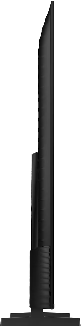 Egy lapos, fekete TV képernyő fekete kerettel, fekete talpon állva.