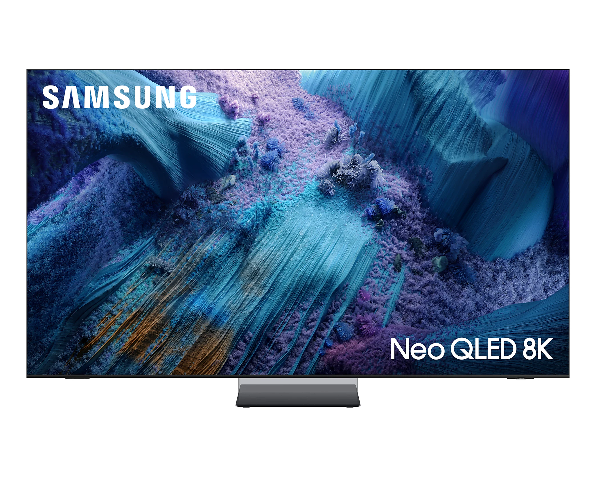 Egy nagyméretű Samsung Neo QLED 8K TV, fekete keret, sötétkék és lila absztrakt művészet.