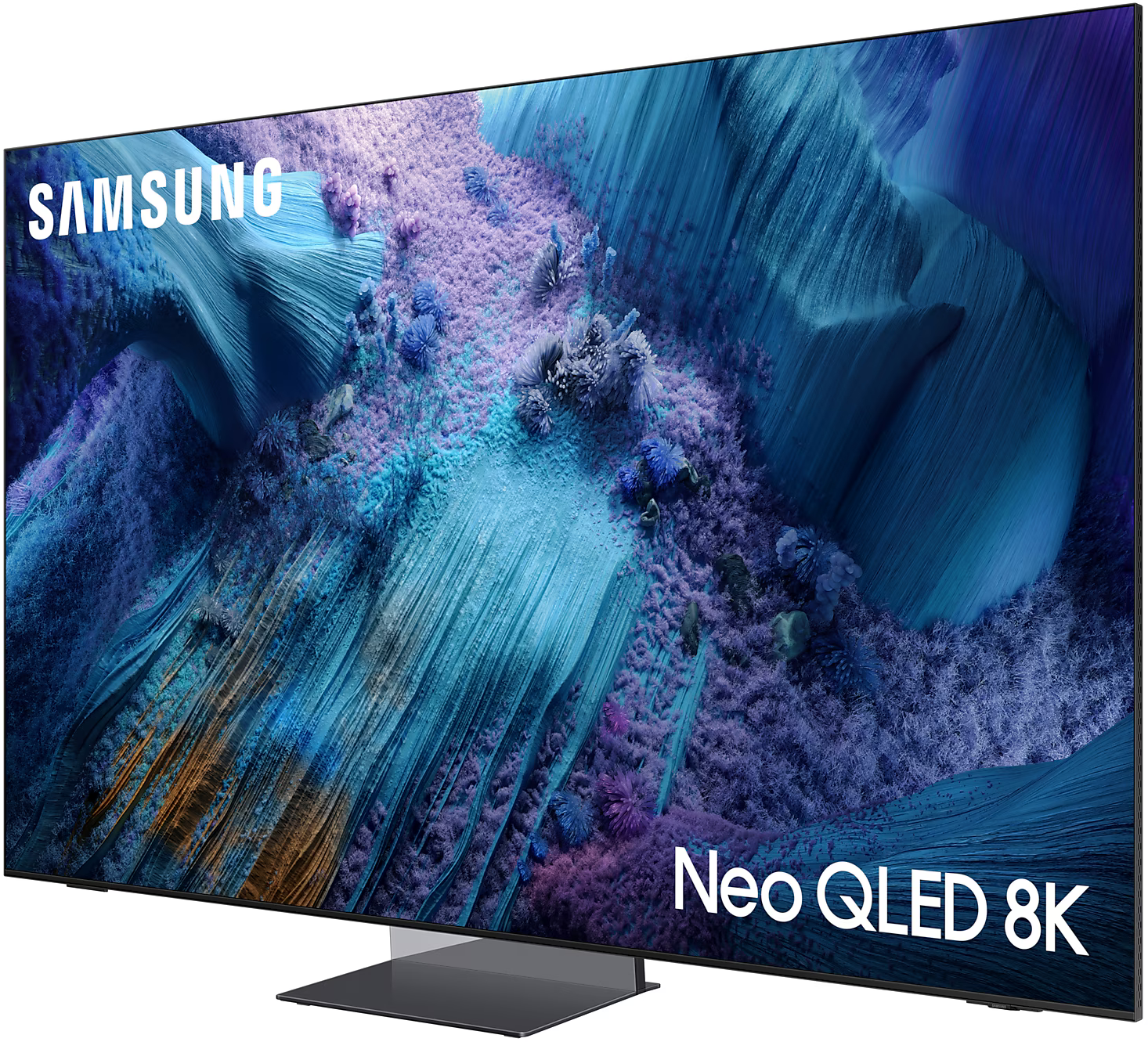 A nagy Samsung TV egy absztrakt tájat jelenít meg, a Samsung logóval és a Neo QLED 8K felirattal.