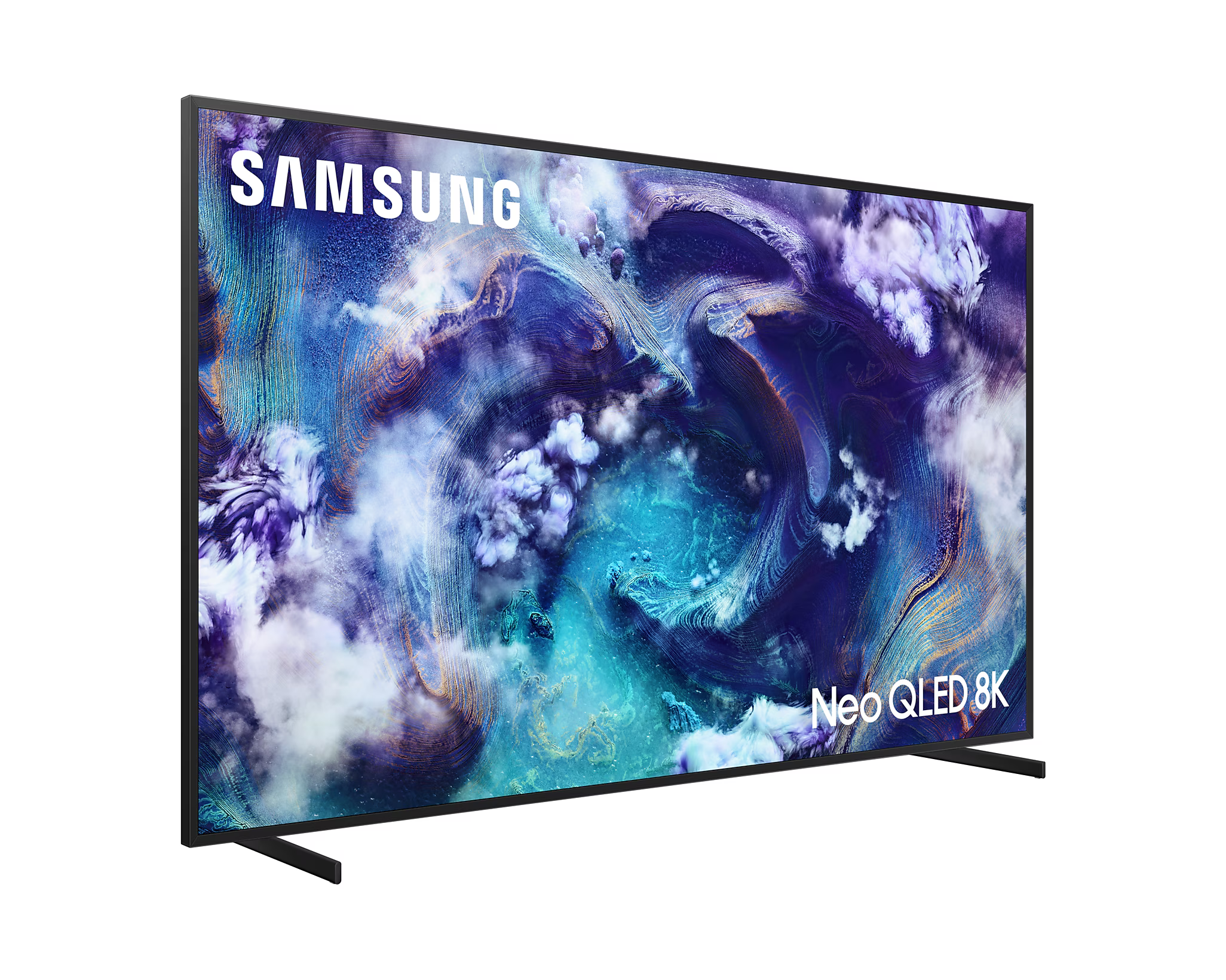 Samsung Neo QLED 8K TV állványon, kék-fehér háttérrel.