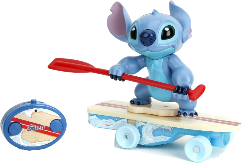 Stitch auf Surfbrett mit Fernbedienung, blau und rot.