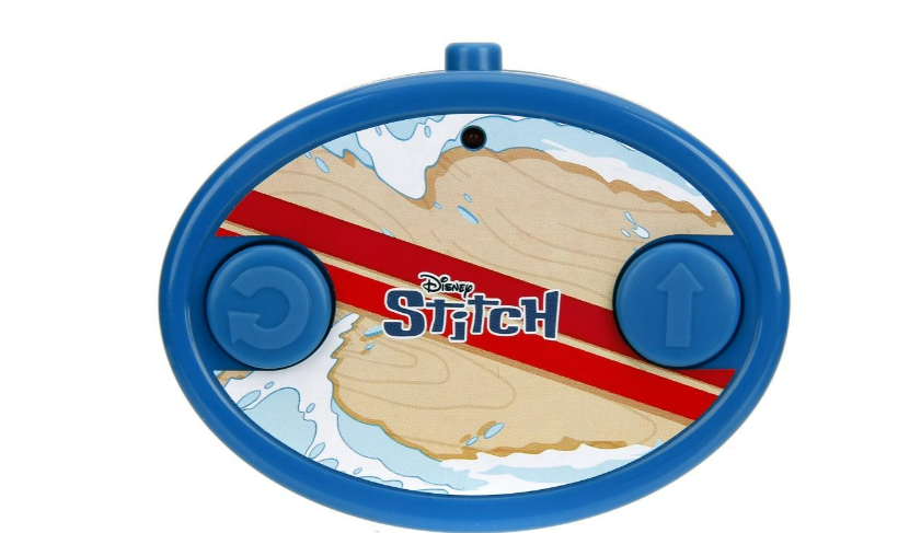 Blaue Fernbedienung mit Stitch-Design, mit Knöpfen.