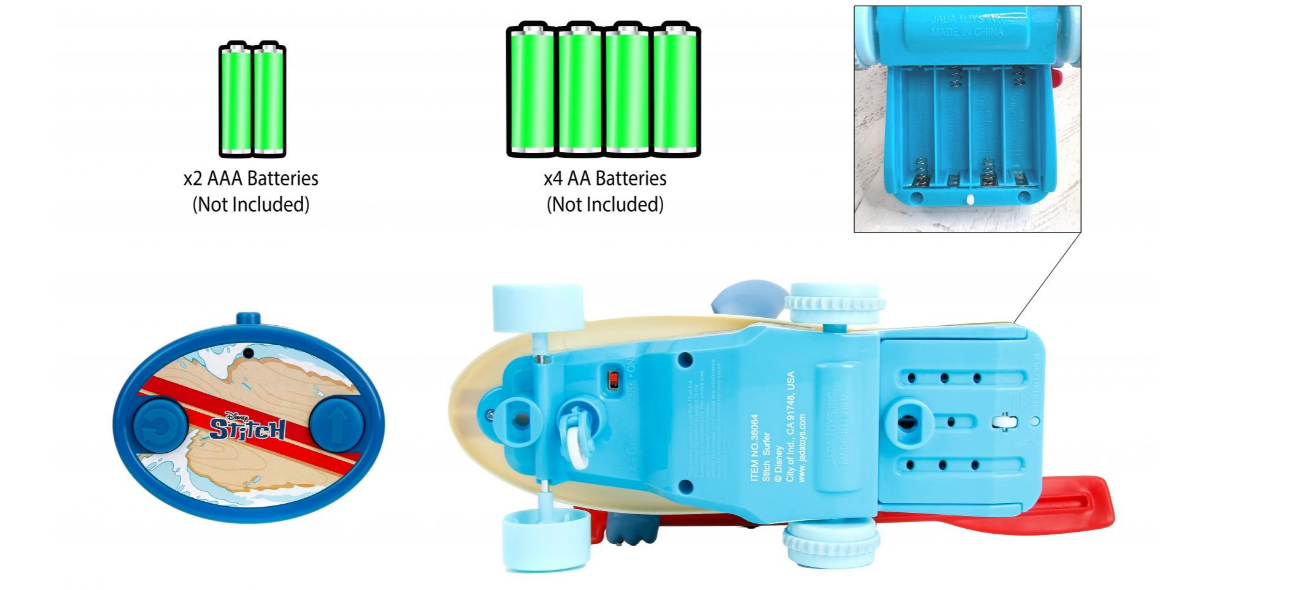 Ein Spielzeugauto mit Fernbedienung und zwei Batterien. Weißer Hintergrund.