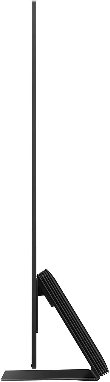 Fekete TV oldalsó nézete, karcsú dizájnnal és fekete állvánnyal.