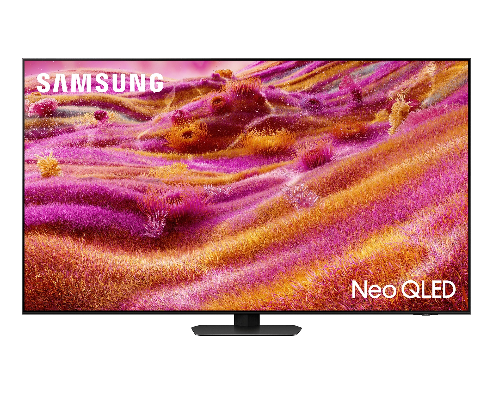 Samsung Neo QLED TV. Színes absztrakt képet mutat. Fekete állvány, fehér háttér.
