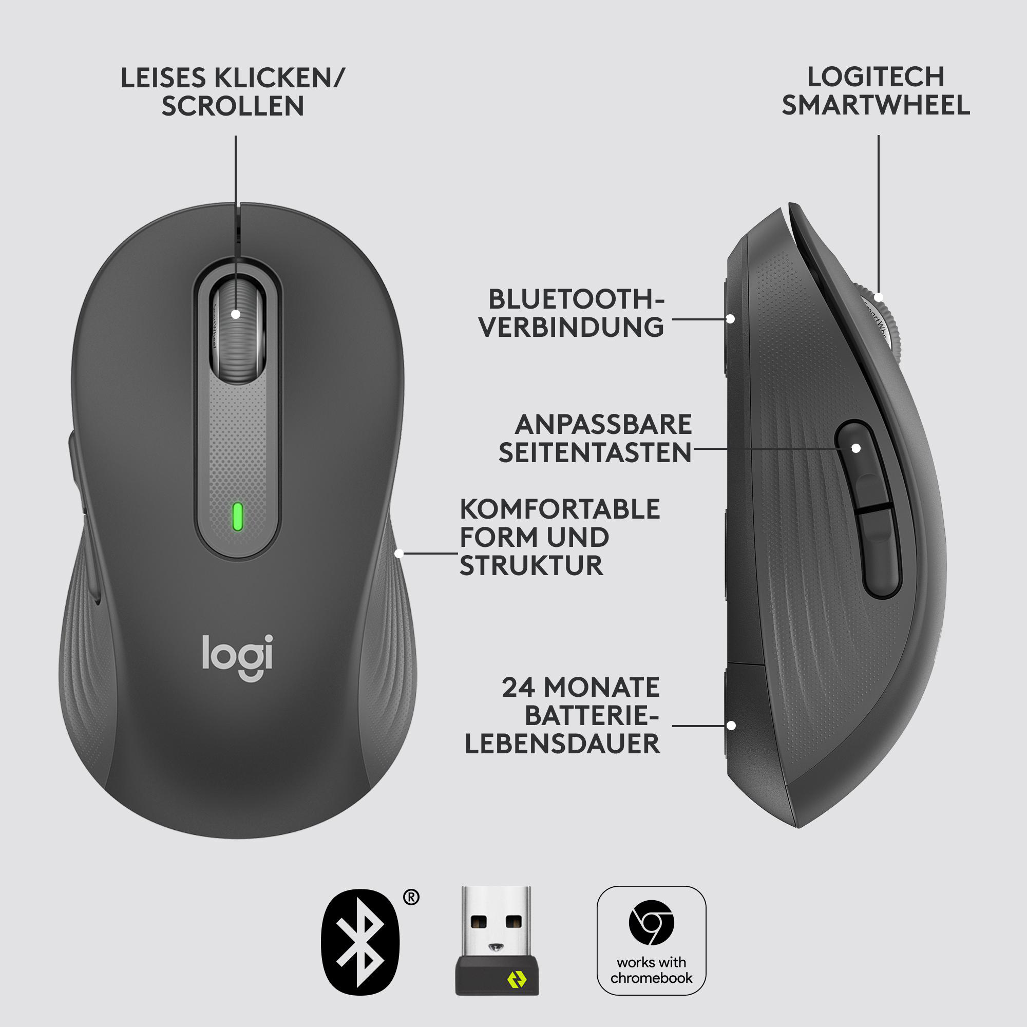 Eine dunkelgraue Logitech-Computermaus mit mehreren Tasten.