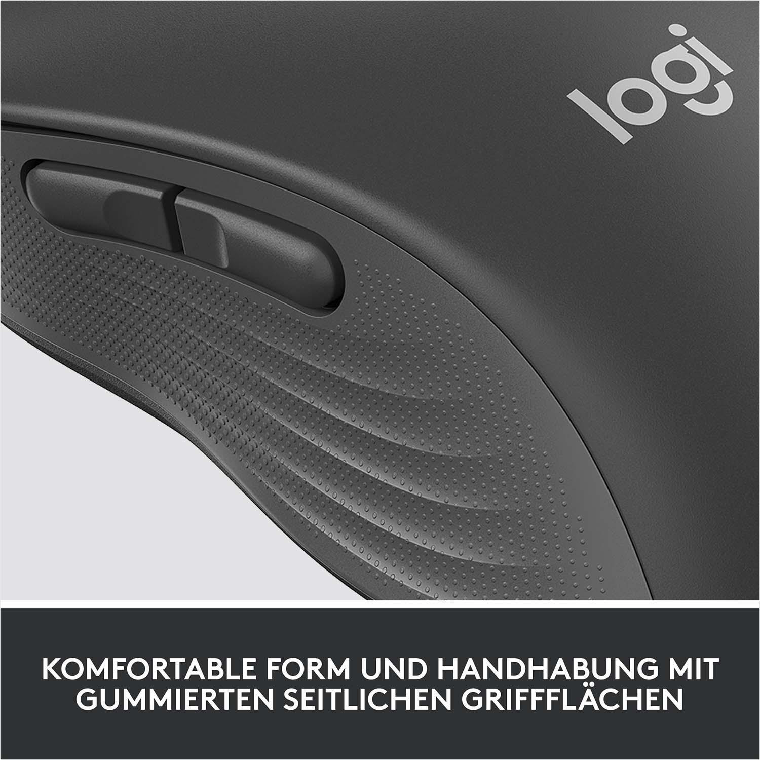 Nahaufnahme einer schwarzen Logitech-Maus, zeigt den strukturierten Griff und die Tasten. Das Logitech-Logo ist sichtbar.