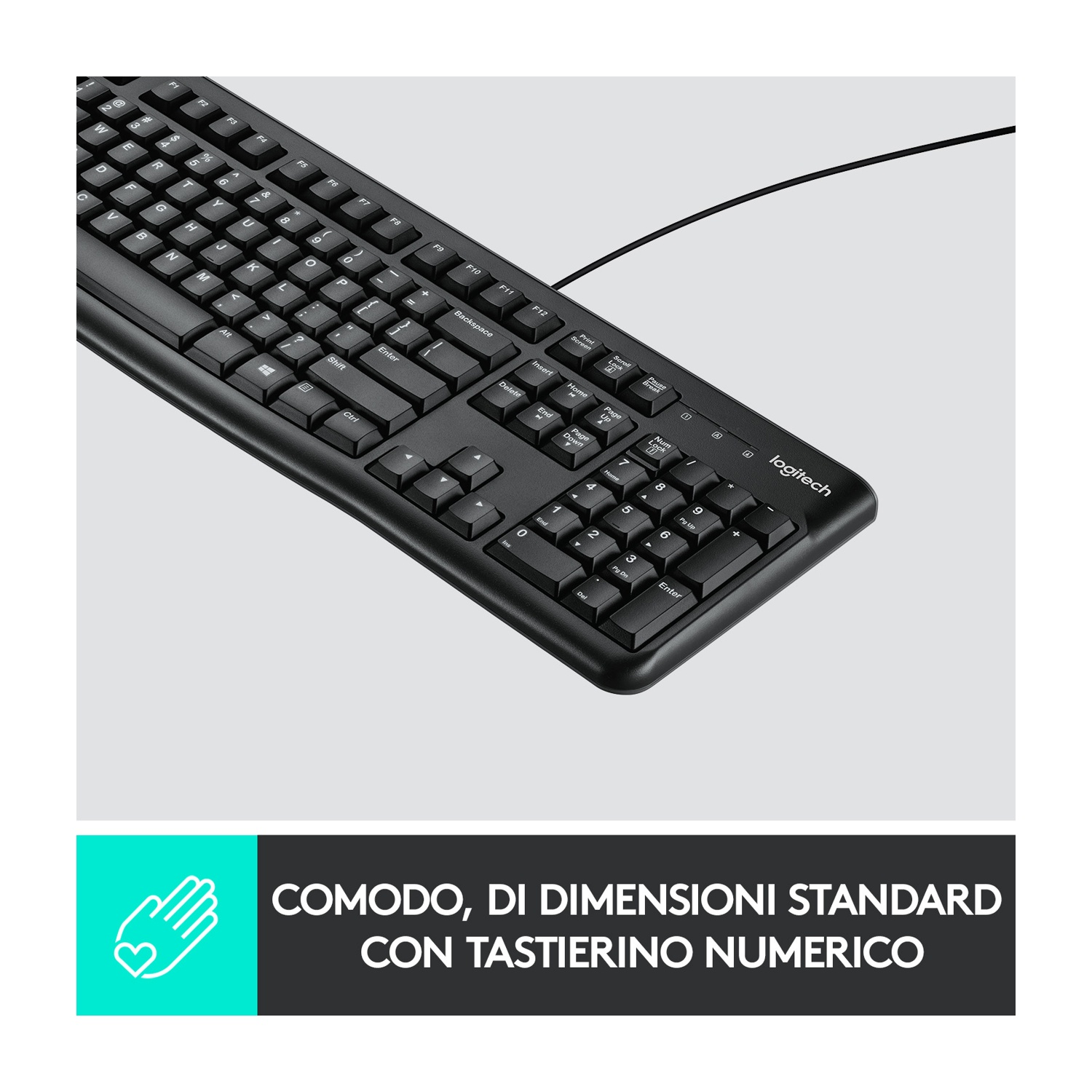 Una tastiera nera con tastierino numerico. Il testo in italiano recita: 'Comodo, di dimensioni standard'.