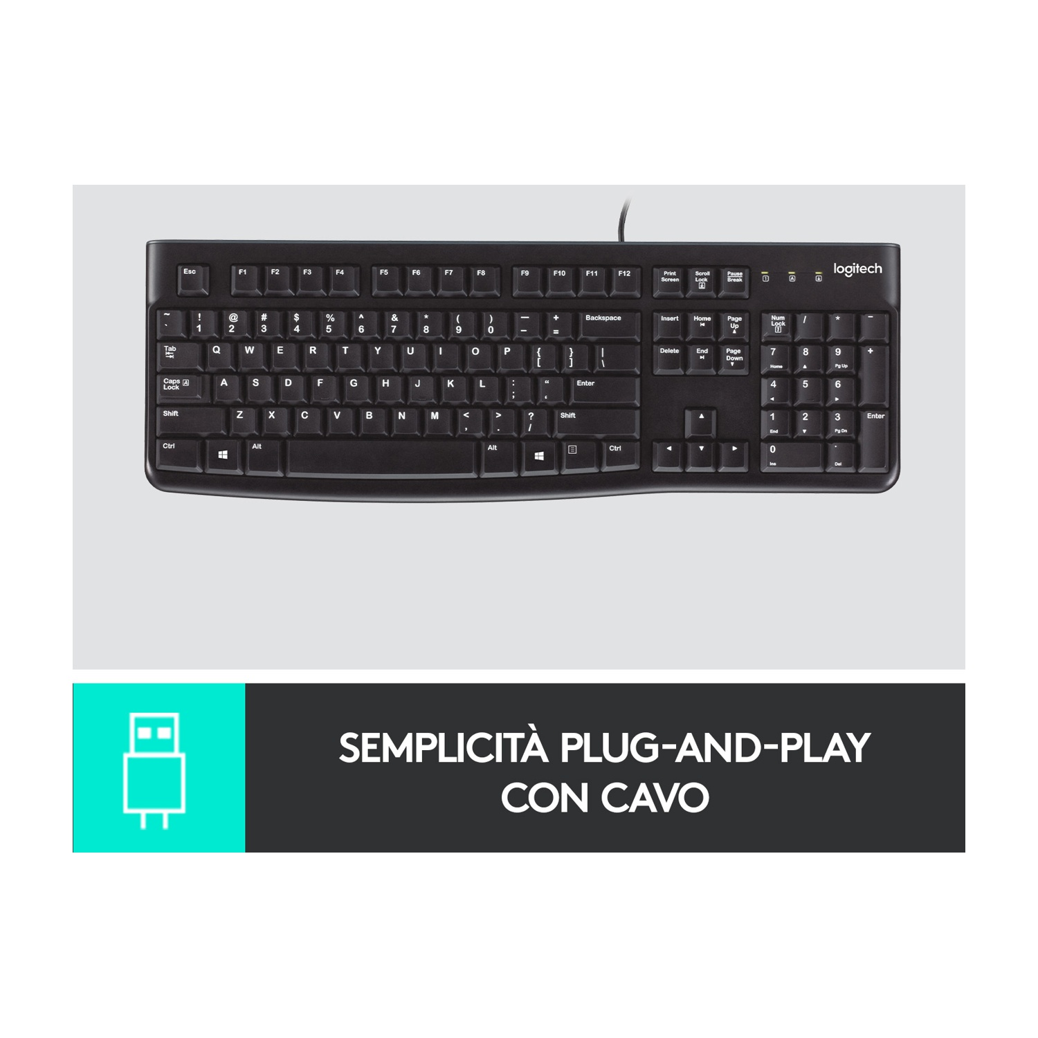 Tastiera Logitech nera con cavo, testo "Plug and Play".