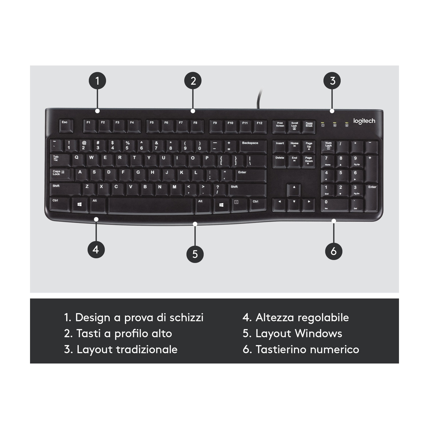 Tastiera Logitech nera, vista dall'alto, con tasti numerati e logo Logitech.