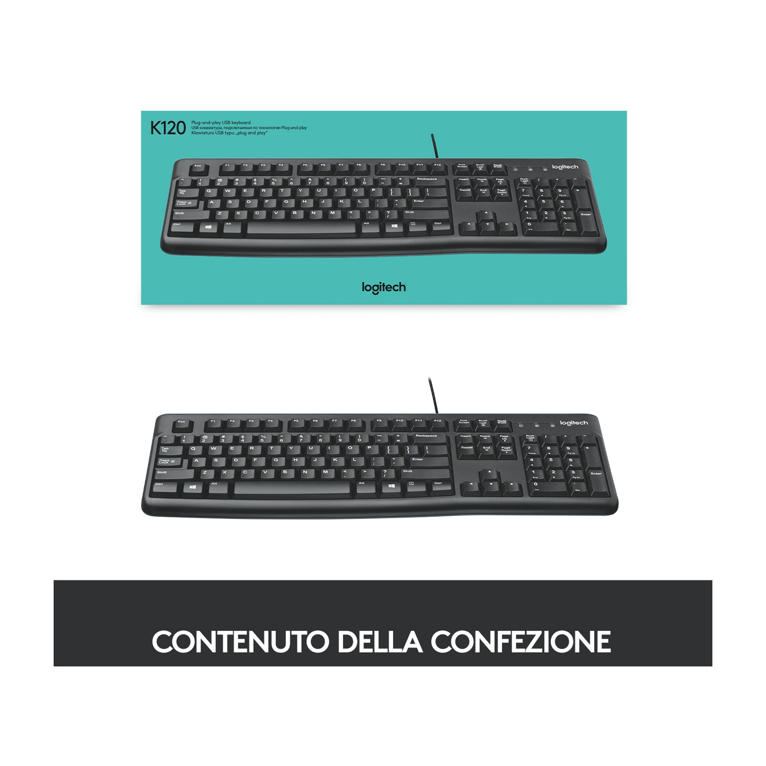 Una tastiera nera sopra la sua confezione. Testo: Contenuto della confezione (italiano).