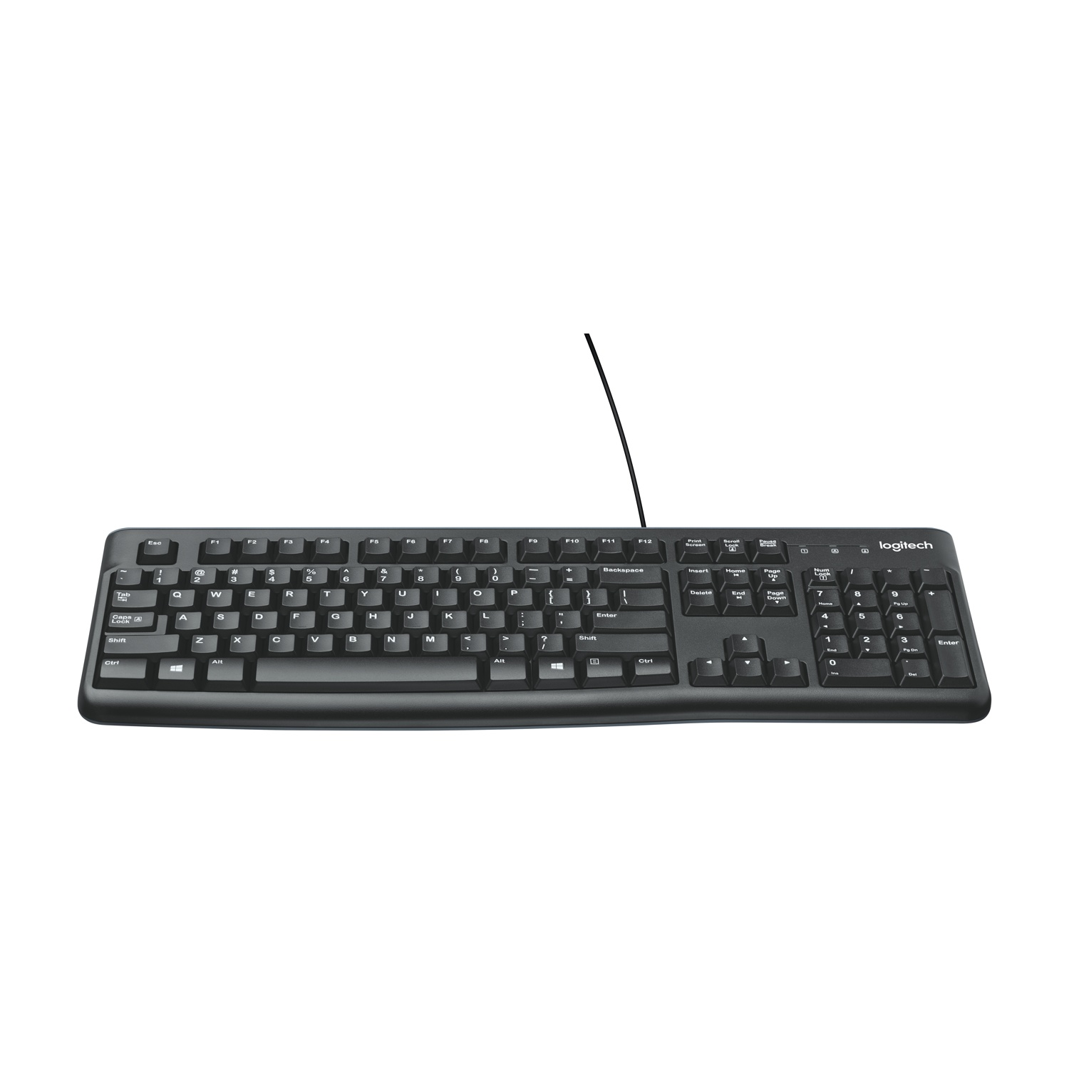 Una tastiera nera con tasti bianchi, un layout standard e il logo Logitech in alto.