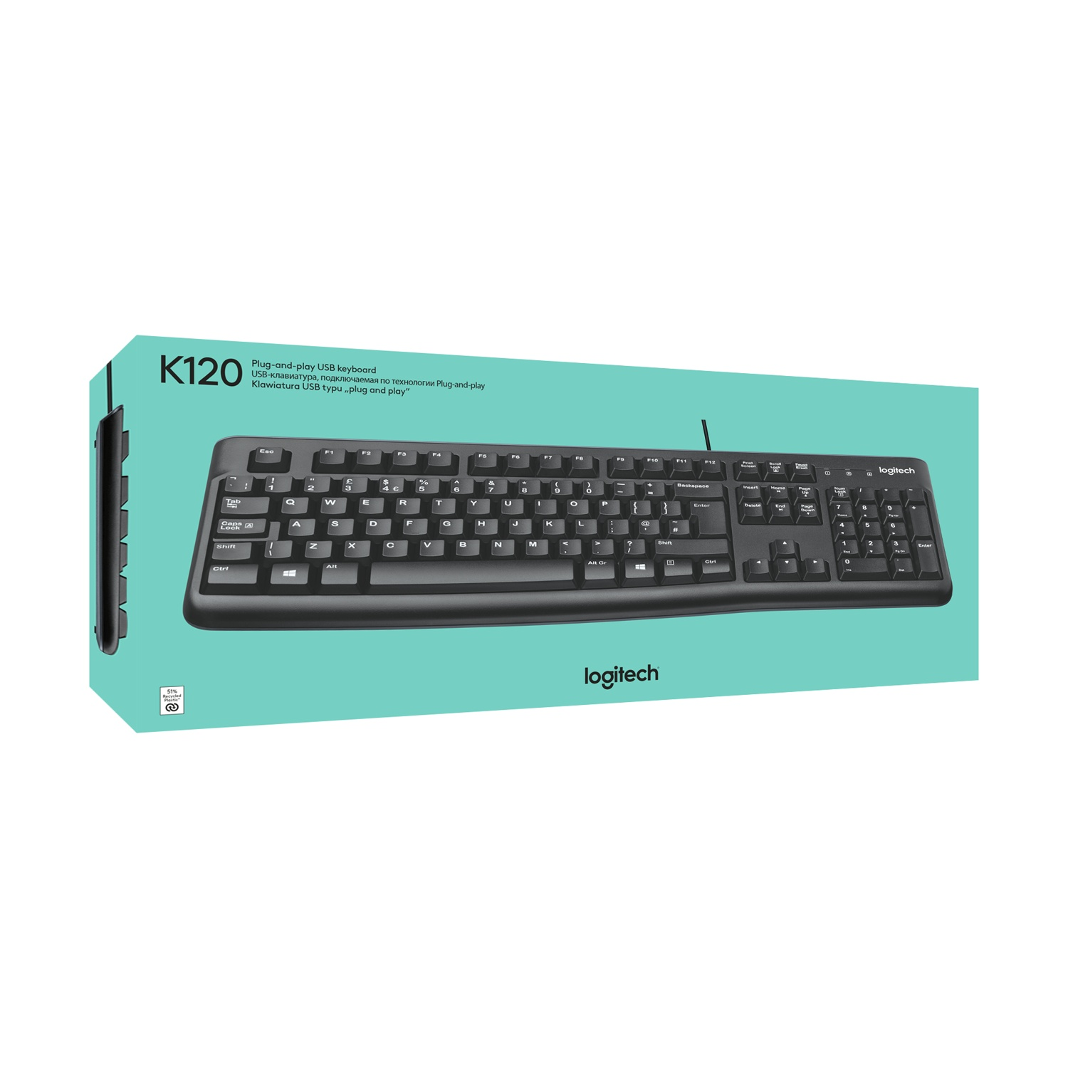 Scatola tastiera Logitech K120. L'immagine mostra una tastiera nera all'interno.