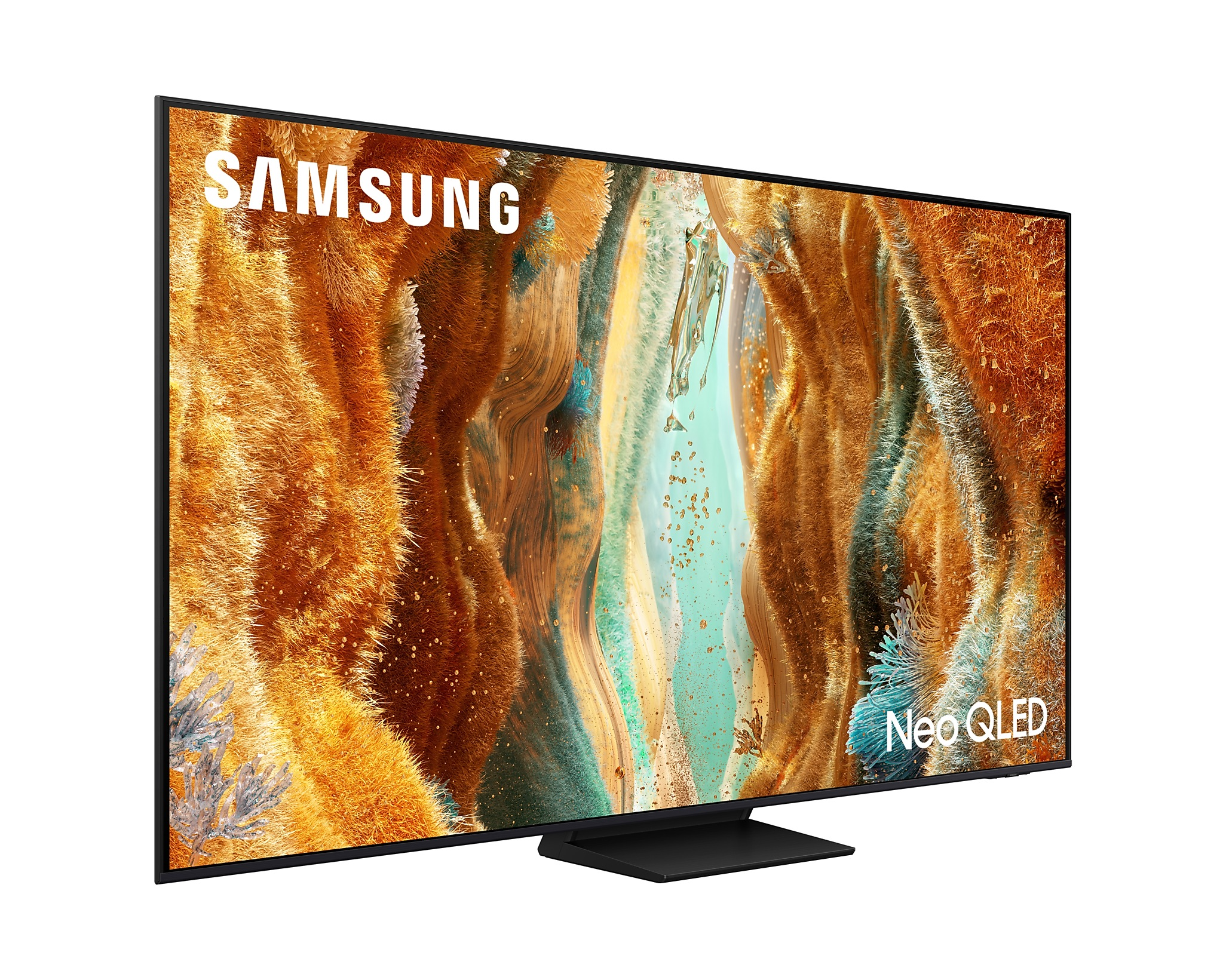 Samsung Neo QLED TV, szögből. A képernyő egy absztrakt, színes tájat mutat.