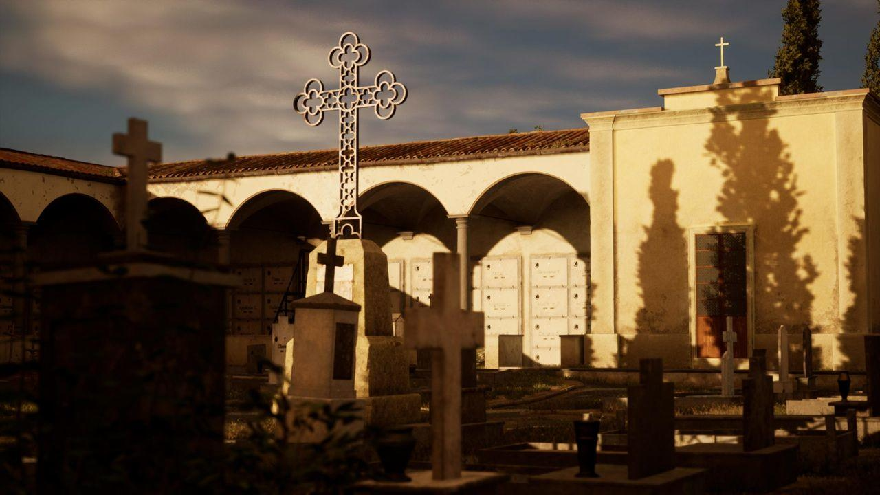 Ein Friedhof mit weißen Mausoleen und einem großen Kreuz. Die Szene wird von Sonnenlicht beleuchtet.